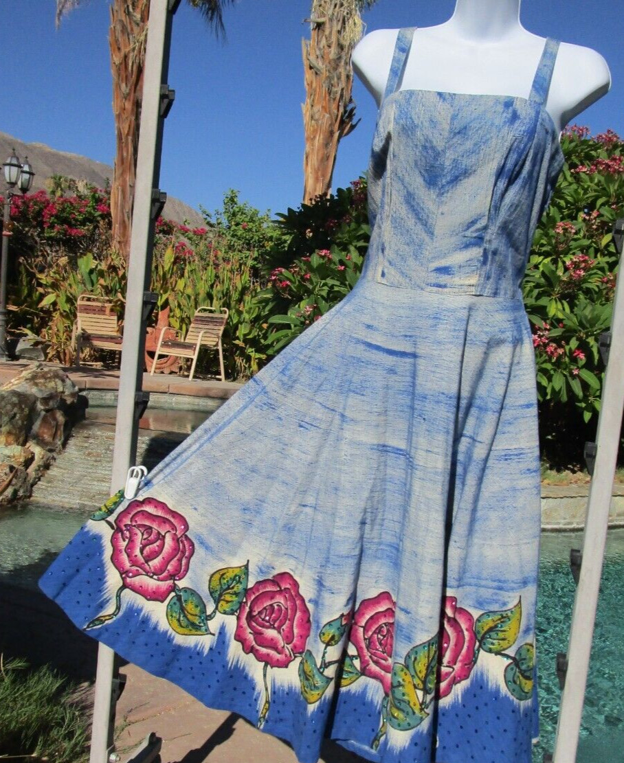 Vintage 1950s Mexican handpainted full dress sequins 36/38″ bust 31″ waist midi