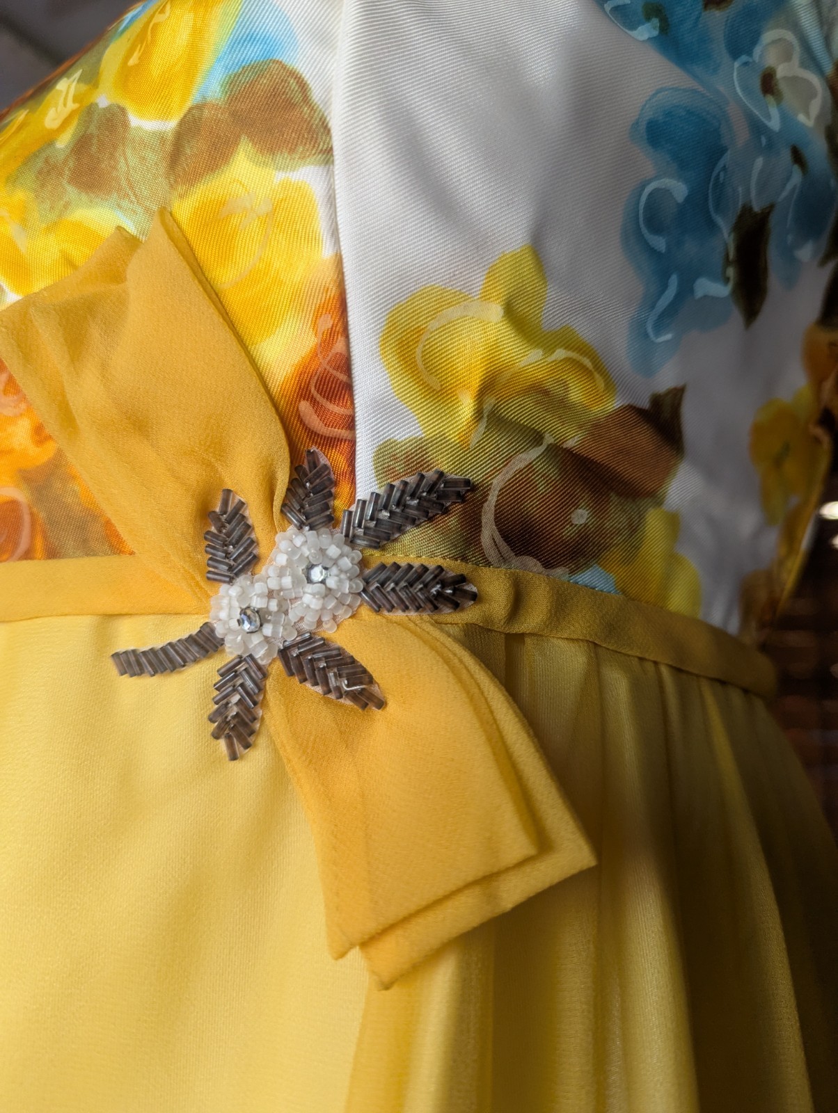 Vintage 1960s Emma Domb California Yellow Floral Chiffon Empire Maxi Gown USA 9