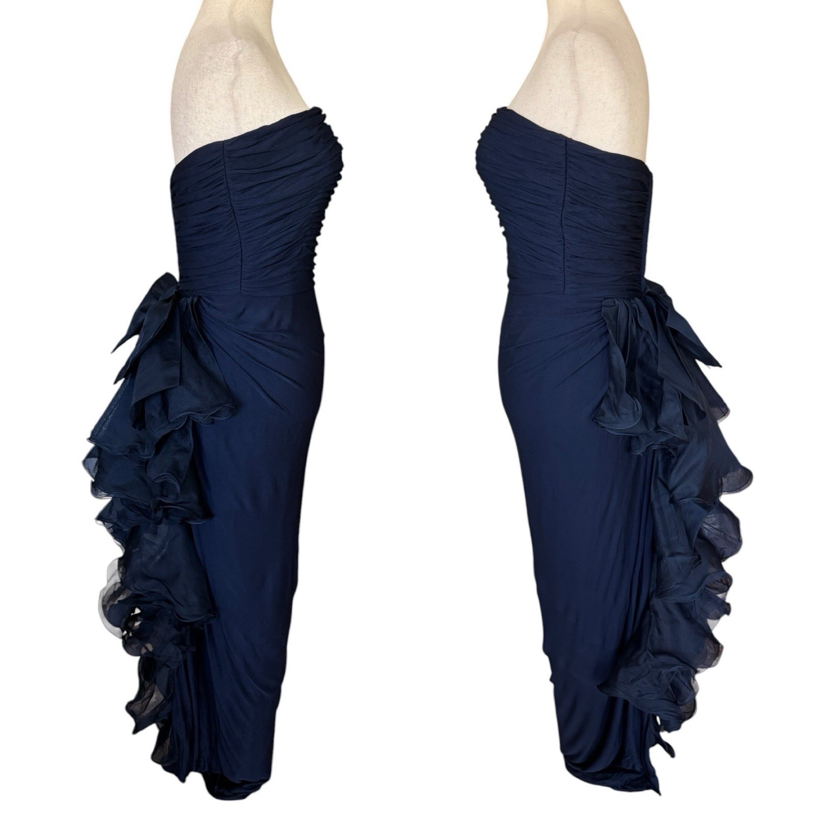 Vintage 70s 80s Jill Richards Strapless Navy Ruffle Bow Maxi Evening Dress Gown