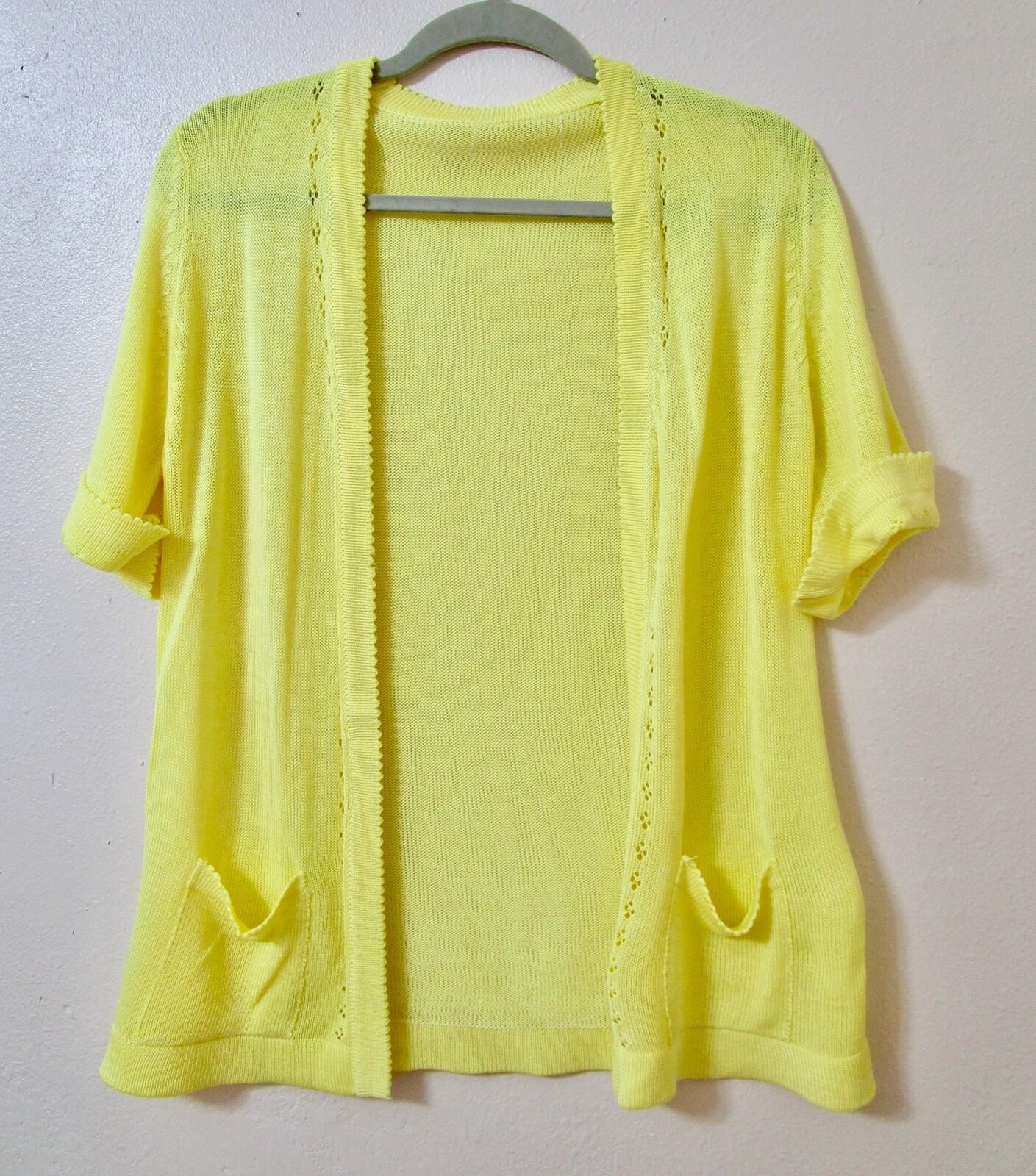Vintage 70s Yellow Sweater Sleeveless Shell SS Swing Cardigan Set Pointelle S XS
