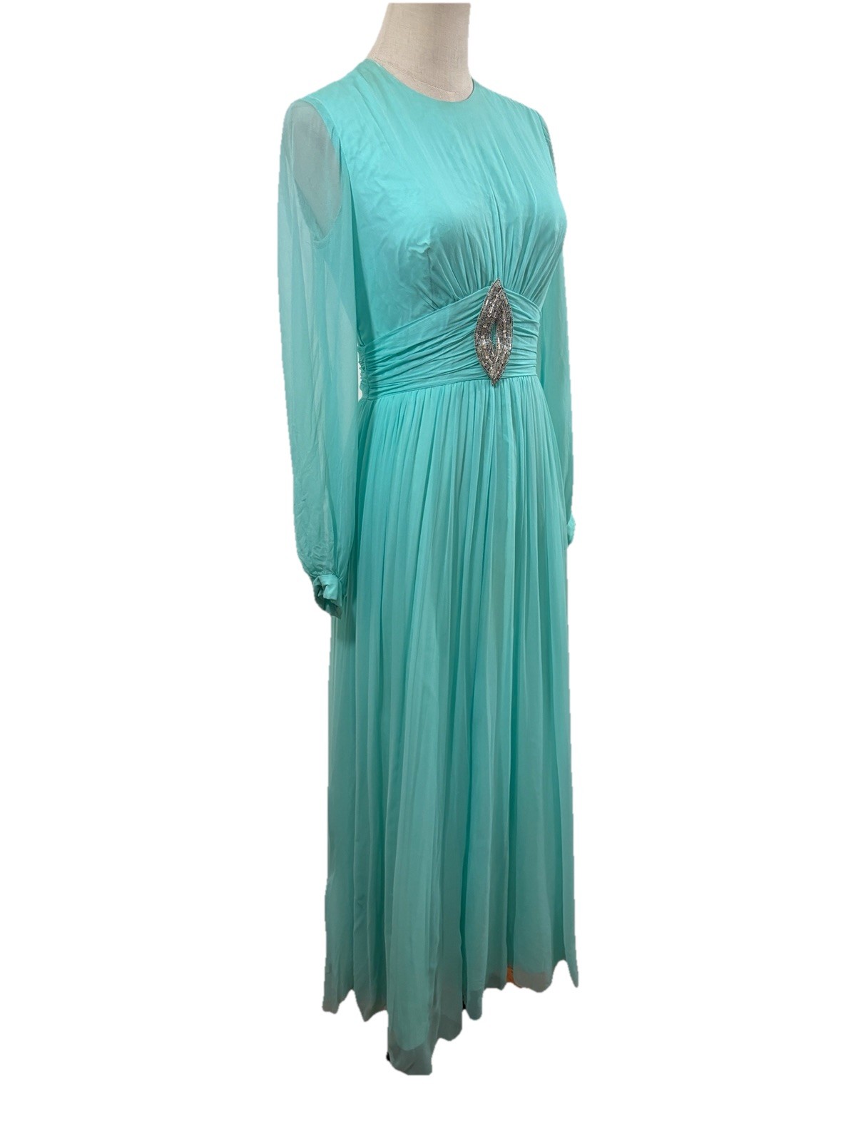 Vtg 70s Teal Blue Chiffon Maxi Dress Beaded Emblishment Sheer Sleeves 26” W