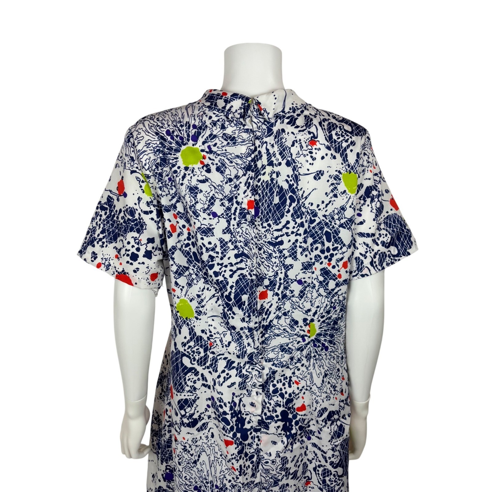 Vintage 70s Colorful Dress Womens XL Artsy Splatter Print Necktie Shift