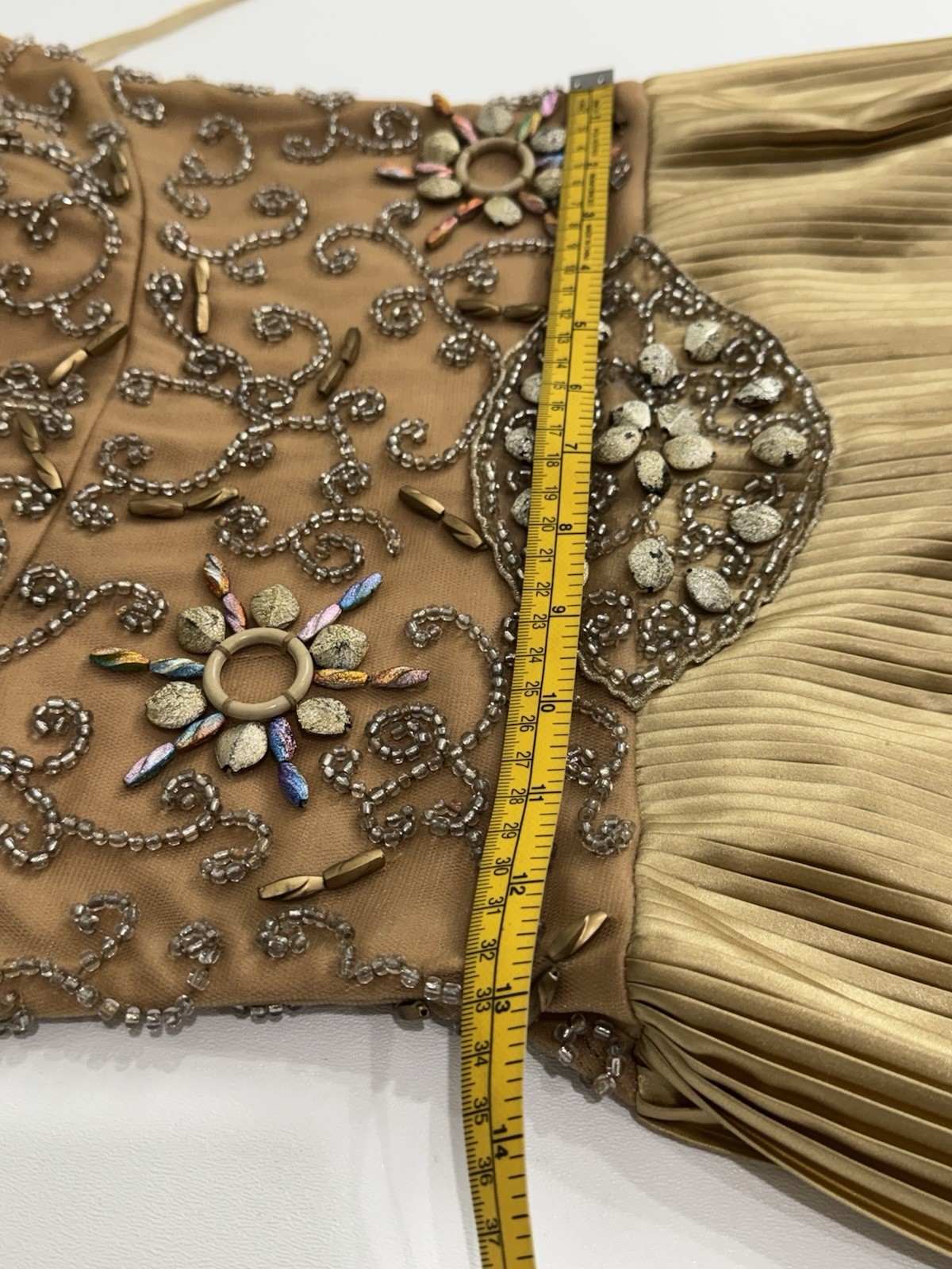 VTG Y2K Sherry Haute Couture Gold Beaded Pleated Gown Front Slit Designer