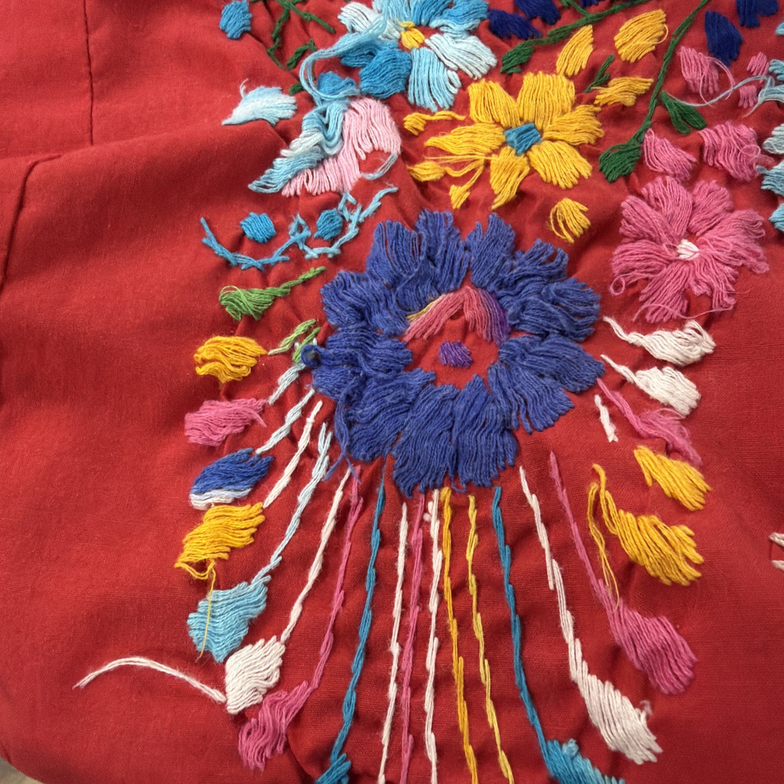 VTG Hand Embroidered Oaxaca Mexican Folk Art Dress Floral Motifs Women Size L