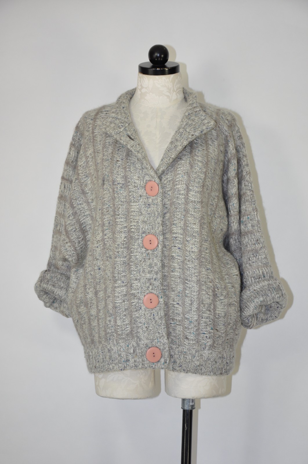 80s Vintage Gray Fuzzy Wool Mohair Buttoned Cardigan Sweater Jacket Women L XL