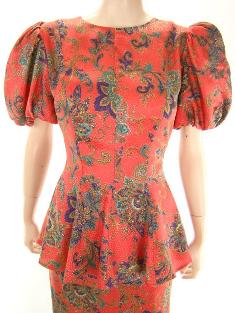 VTG 80s Silky Red Paisley Balloon Sleeve Slim Skirt Suit 2 Piece Dress S/M
