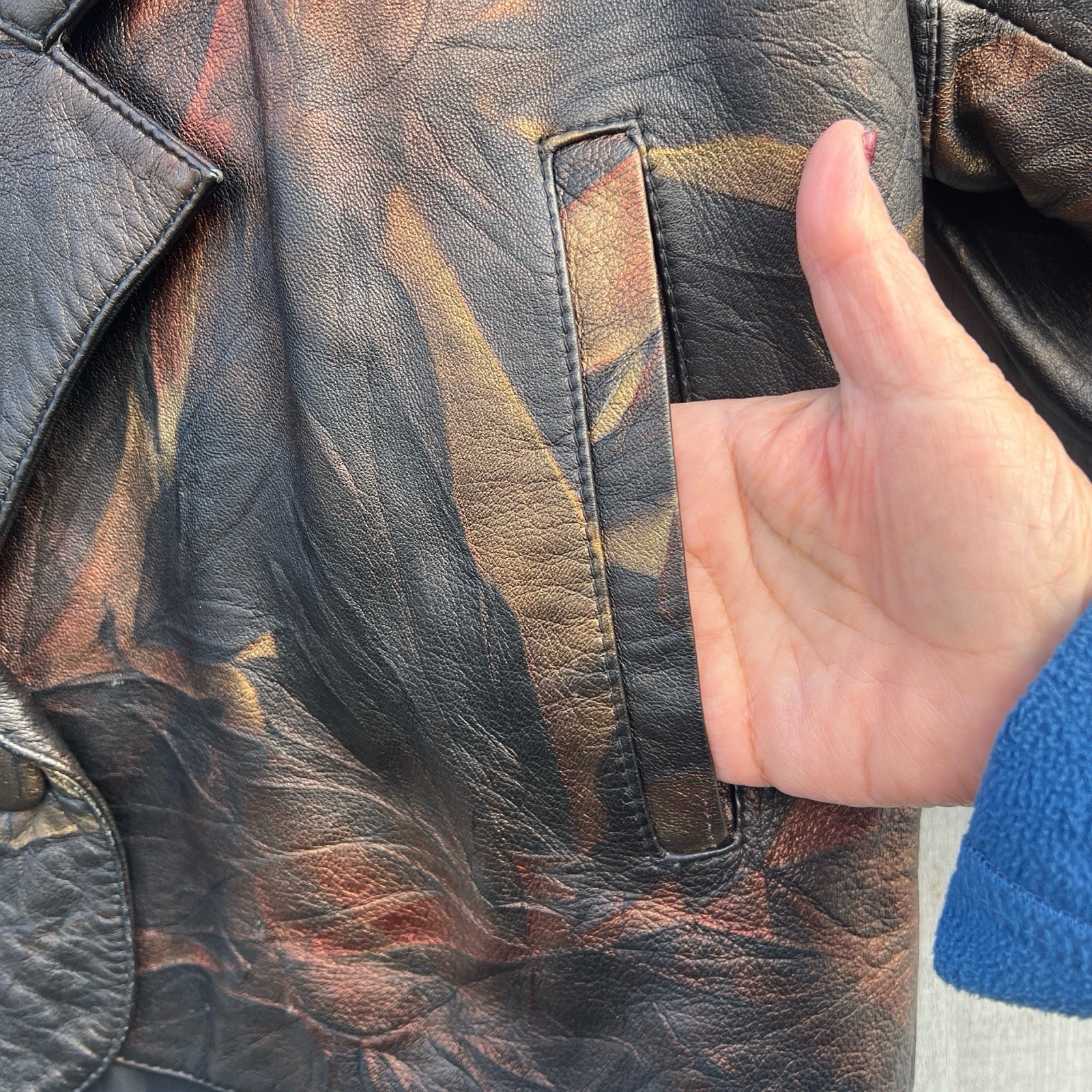 Vtg Leather Jacket Vural Styled By Erica Nef,Brown Gold, Abstract Leaf Pattern M