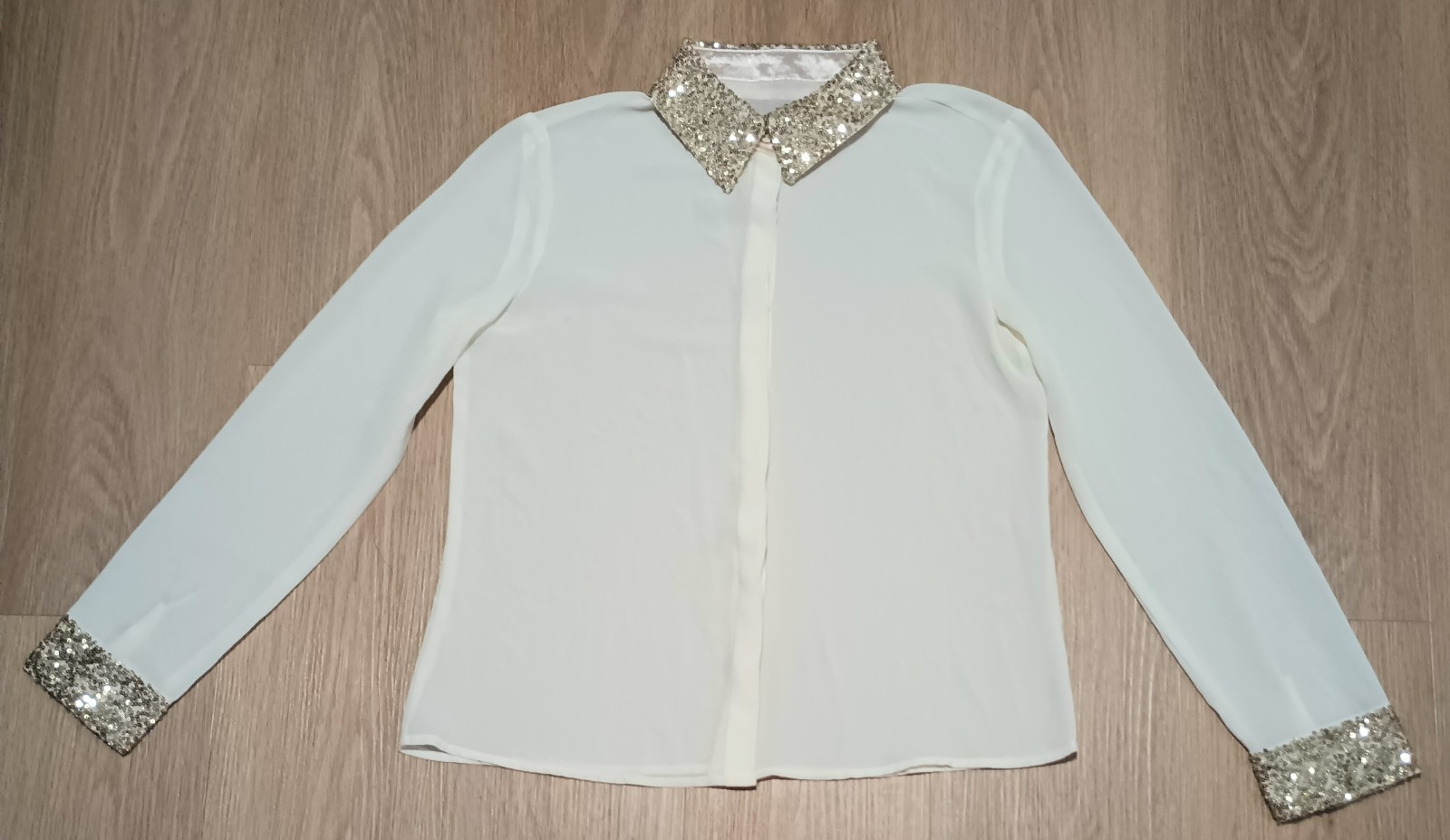 Vtg 70s Sheer Ivory Crepe Gold Metallic Sequin Blouse Top festive holiday M