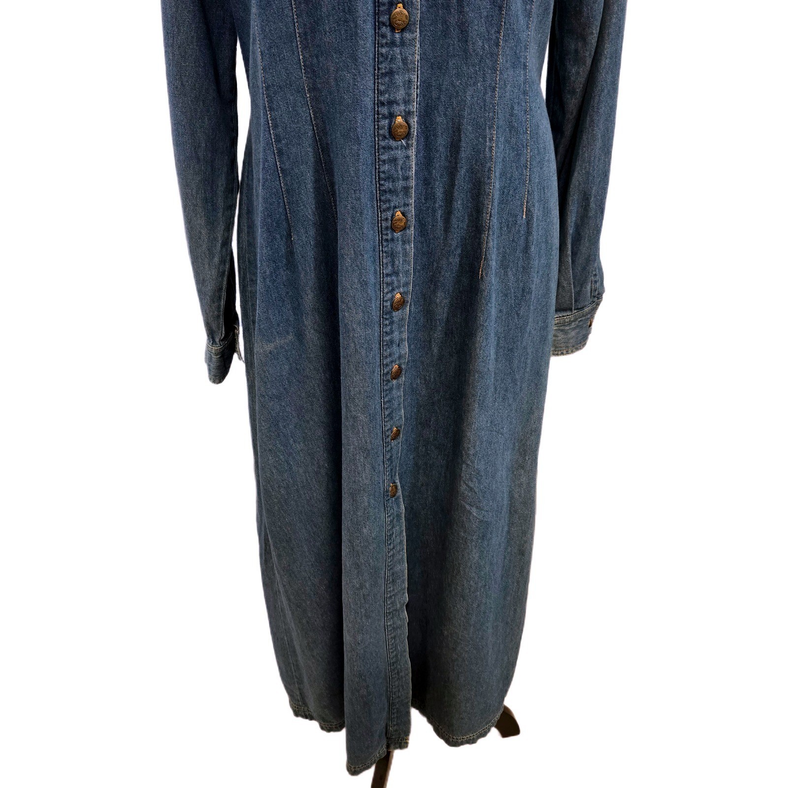 Vintage 1990s Crazy Horse Denim Maxi Shirt Dress M Tall Blue Button Front Cotton