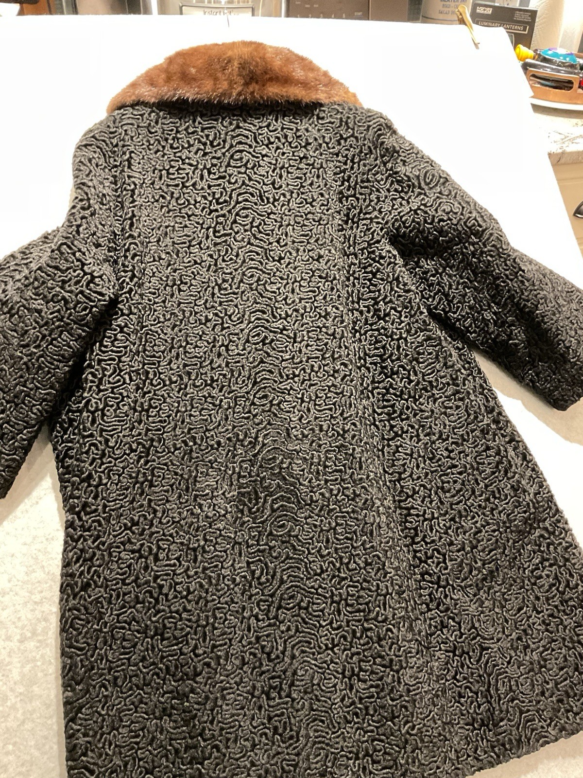 Vtg 60s Astrakin Black Curly Persian Lamb Wool Swing Coat Mink Collar France L