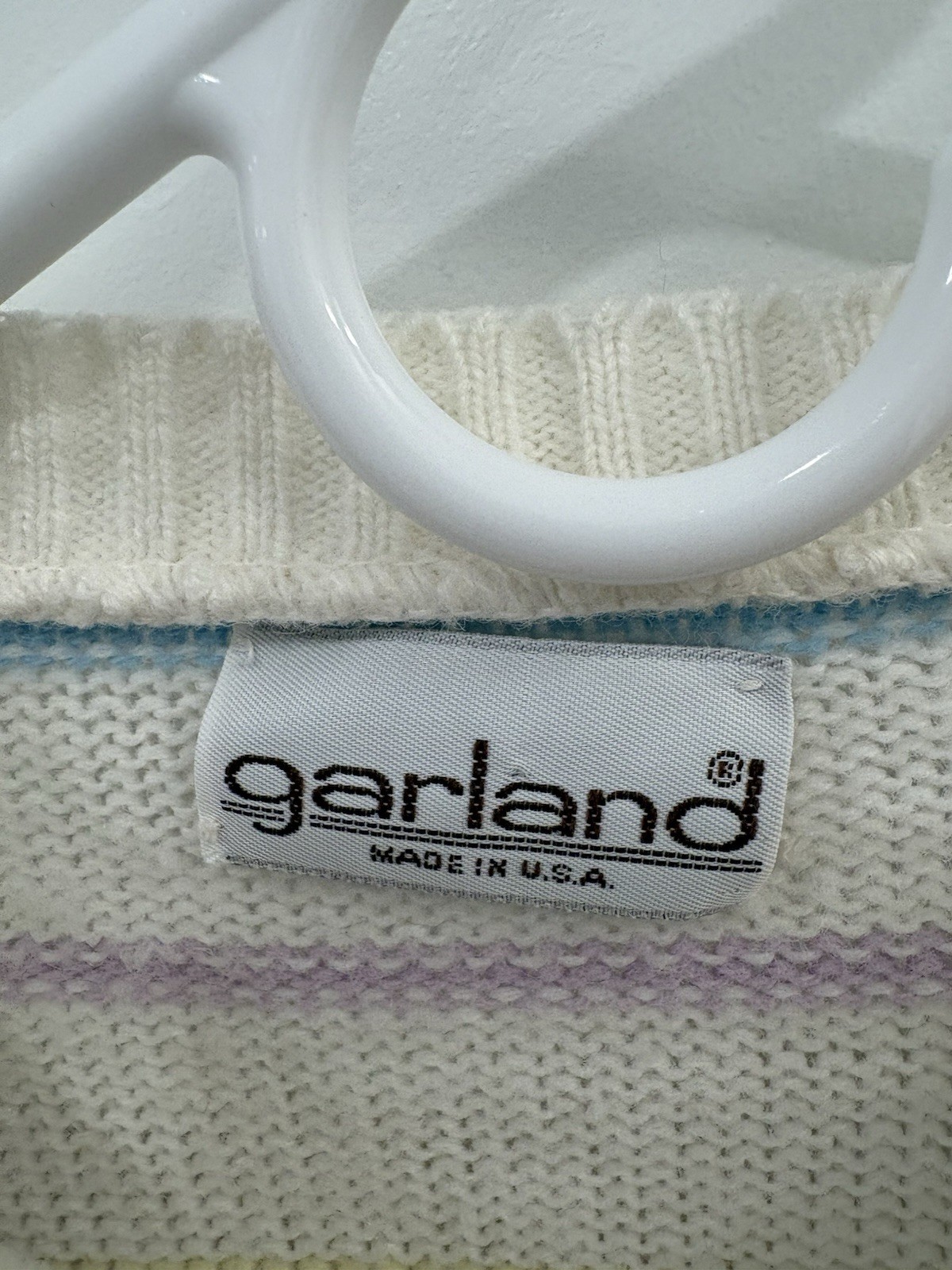 Vintage 80s Cream Pastel Stripe Knit Gardner USA Made Sweater