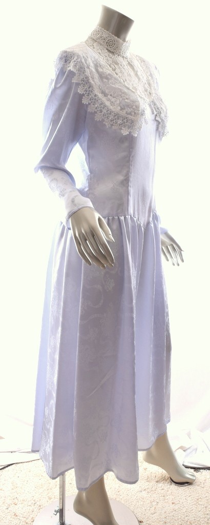 Vintage Jessica McClintock Midi dropped waist Pale Blue dress high Lace Neck 8