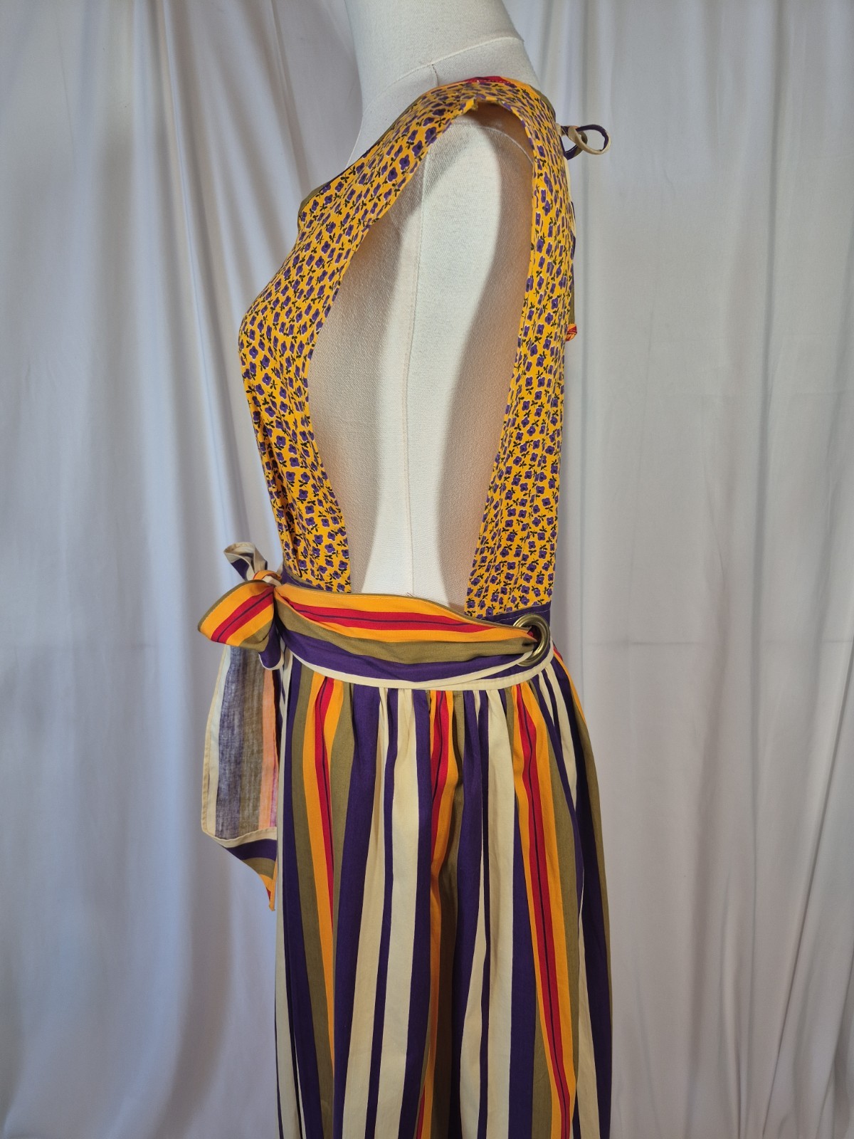 Vintage Design House Japan Floral Striped Apron Pinafore Dress Multicolor Small
