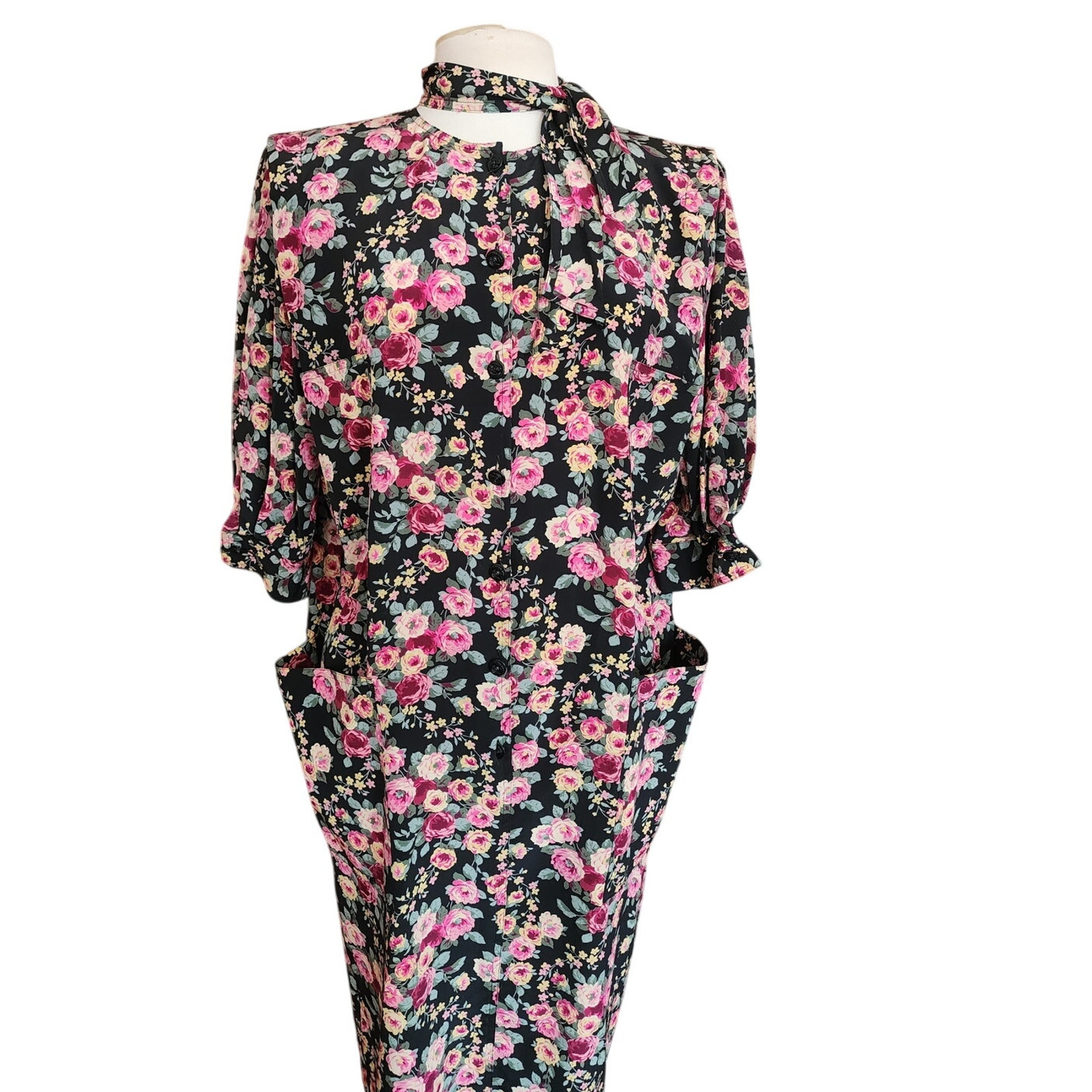 Vintage 1980s UNGARO Silk Floral Print Dress Necktie Sash Button Down Front