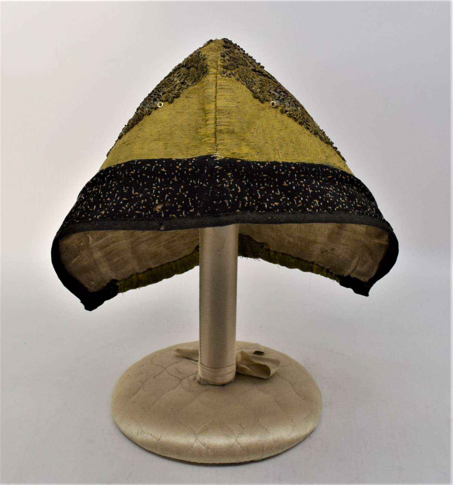 Antique 18th Century Beaded Woman’s Gold Hat Coif Hand Painted Trim European