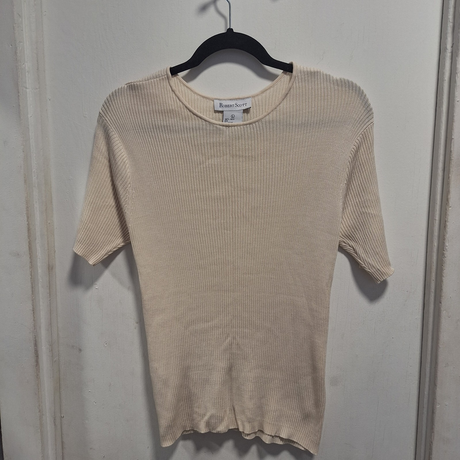 Vintage Robert Scott 100% Silk Cream Ribbed Short Sleeve Quiet Luxury capsule