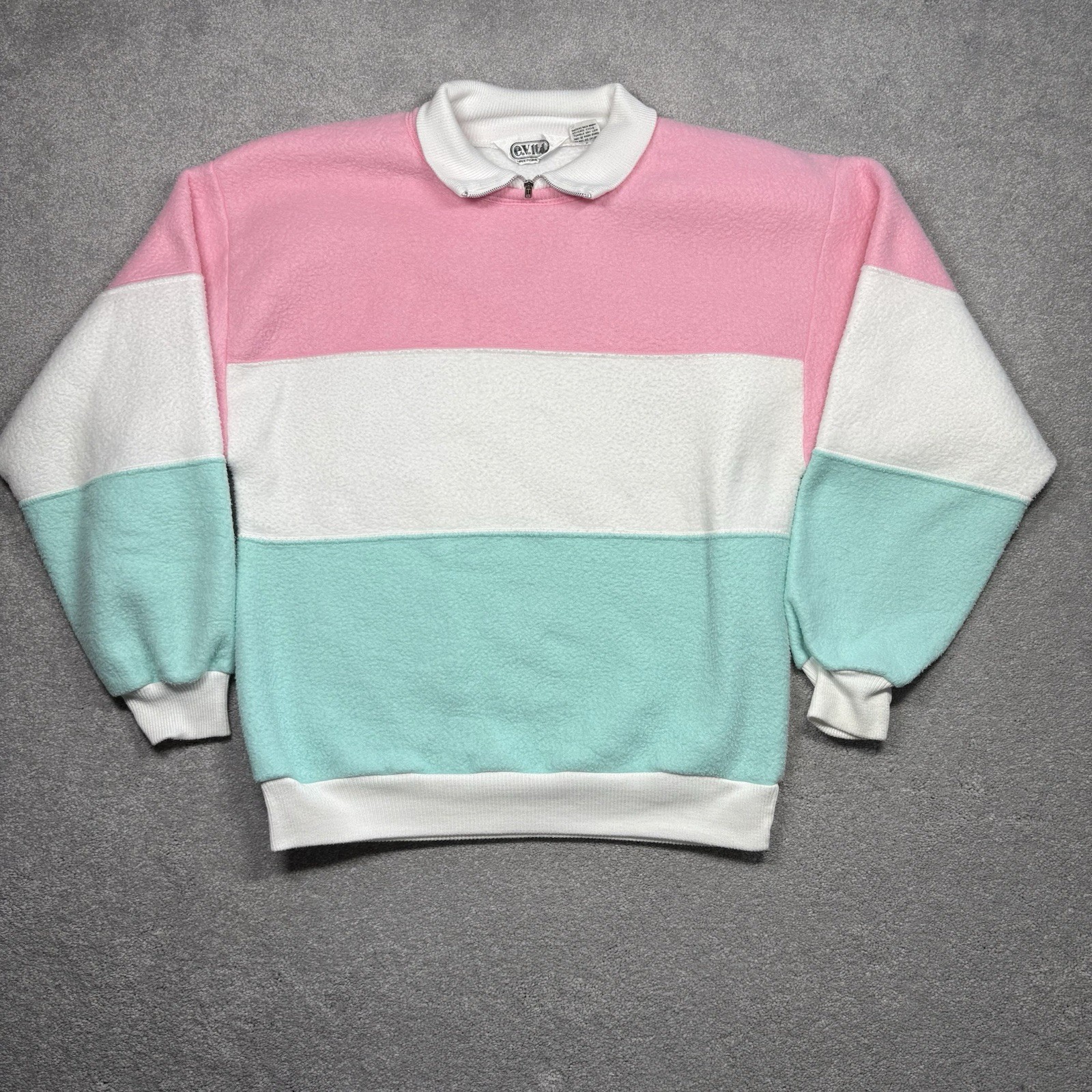 80s 90s Pastel Color Block Fleece Pullover Sweater Women’s M Vintage E.V. LTD