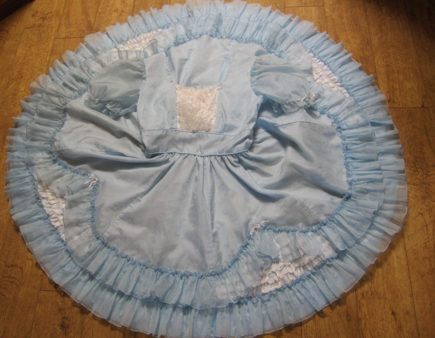 Vtg SQUARE DANCE PRAIRIE DRESS Blue Organza Ruffles Rows of White Lace Sz 12/14