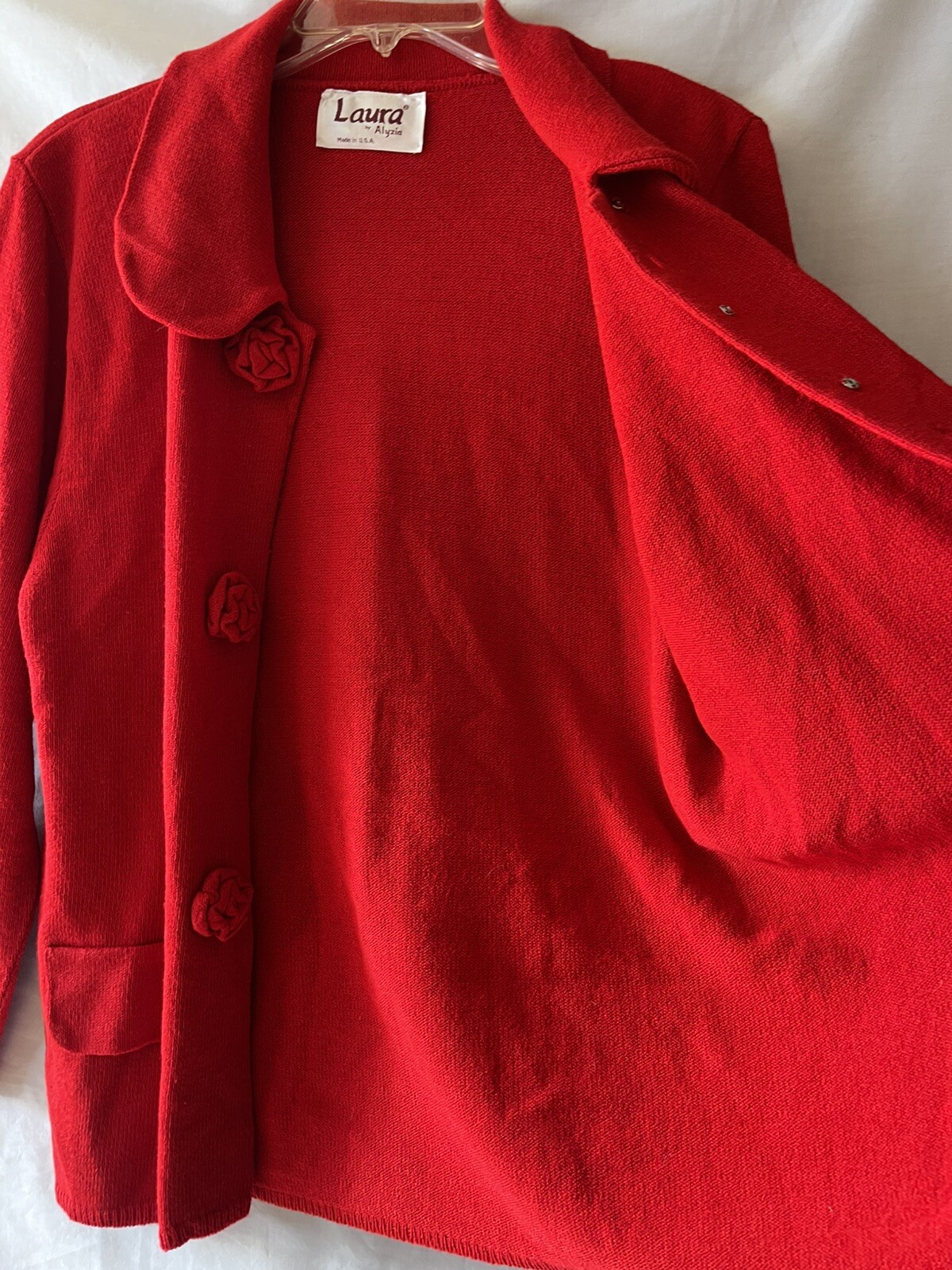 VINTAGE LAURA by ALYZIA, Women’s L Red Cardigan Sweater Knit Flower Accents