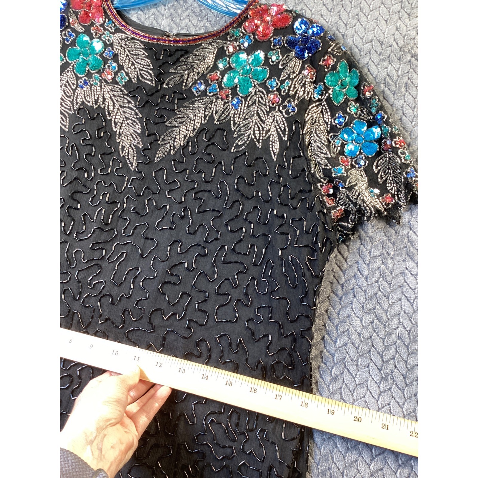 Swee Lo Vintage Beaded Silk Dress Black Floral Sequined Keyhole Evening Gown
