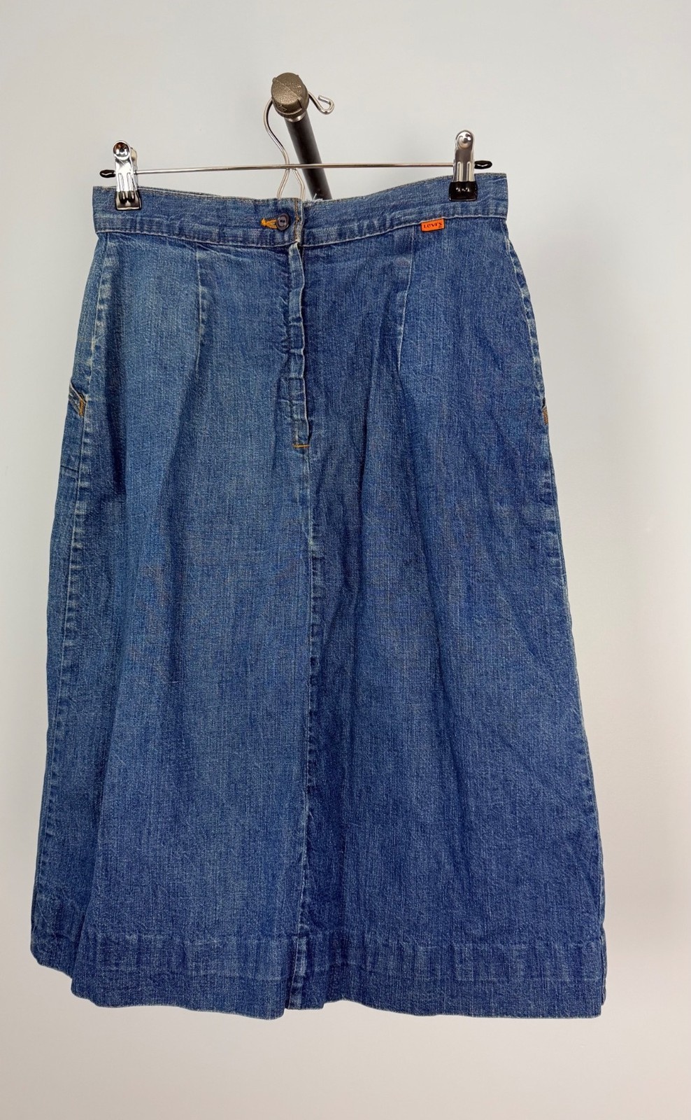 Vintage 70s Levi’s L Denim Midi Skirt Orange Tab Script Ribbon Tag 28″ Waist