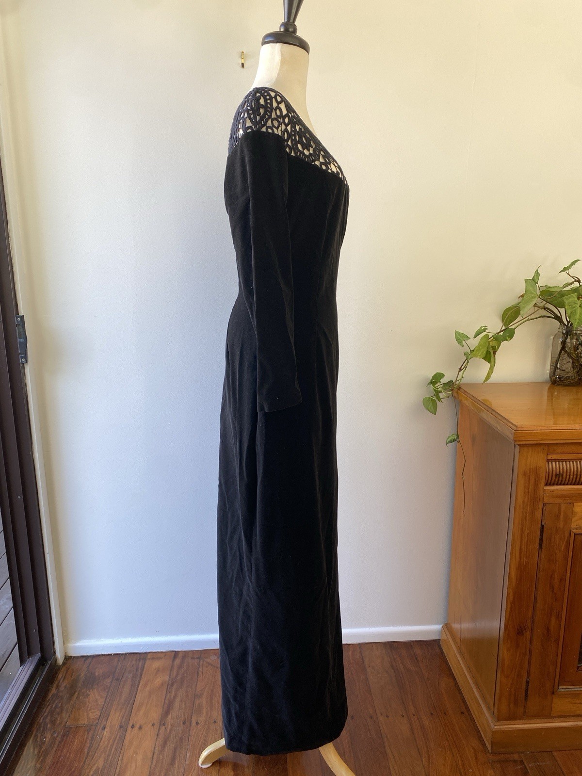 Mariana Hardwick Vintage Black Velvet Dress 12 AU 8 US Lace Long Sleeve Evening