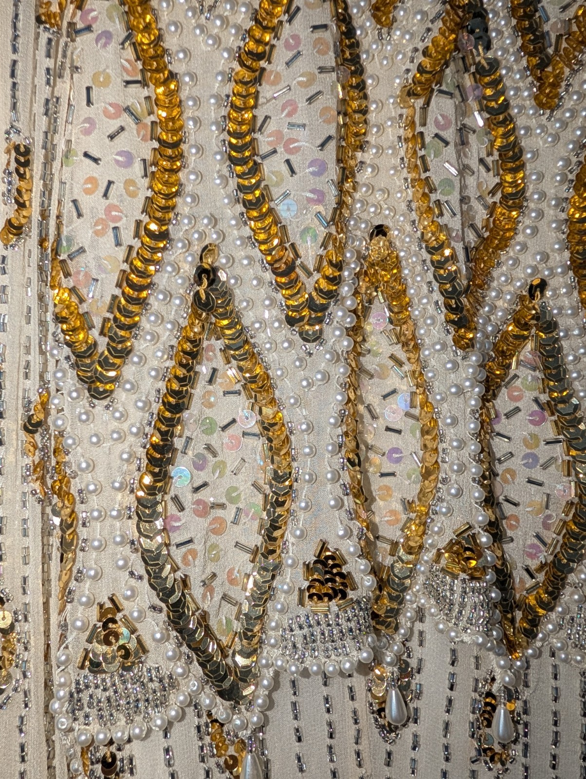 Vintage Niteline Della Roufogali Silk Beaded Sequin Dress Gold Pearl Size 12