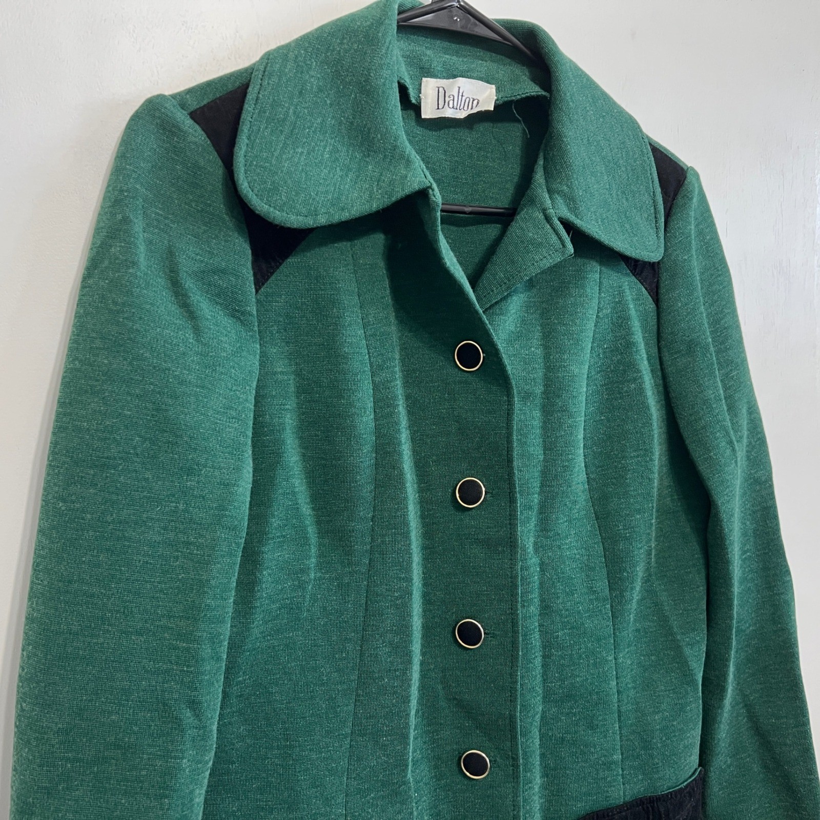 1970s Dalton Blazer Jacket Womens 16 Green Vintage Knit Suede Trim Colorblock