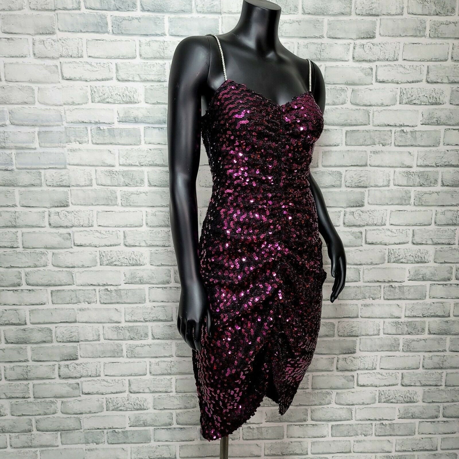 Vintage 90s Climax by David Howard Fuchsia Sequin Cocktail Dress USA Glam 7/8