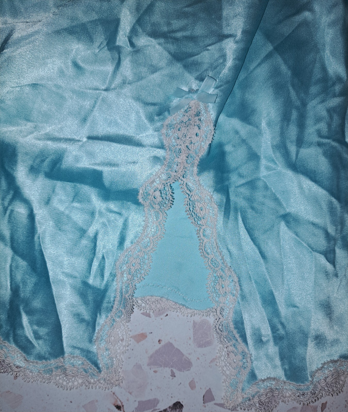Vtg Victoria’s Secret Satin Chemise Gown Large Aqua Blue Lace Rhinestones 2013
