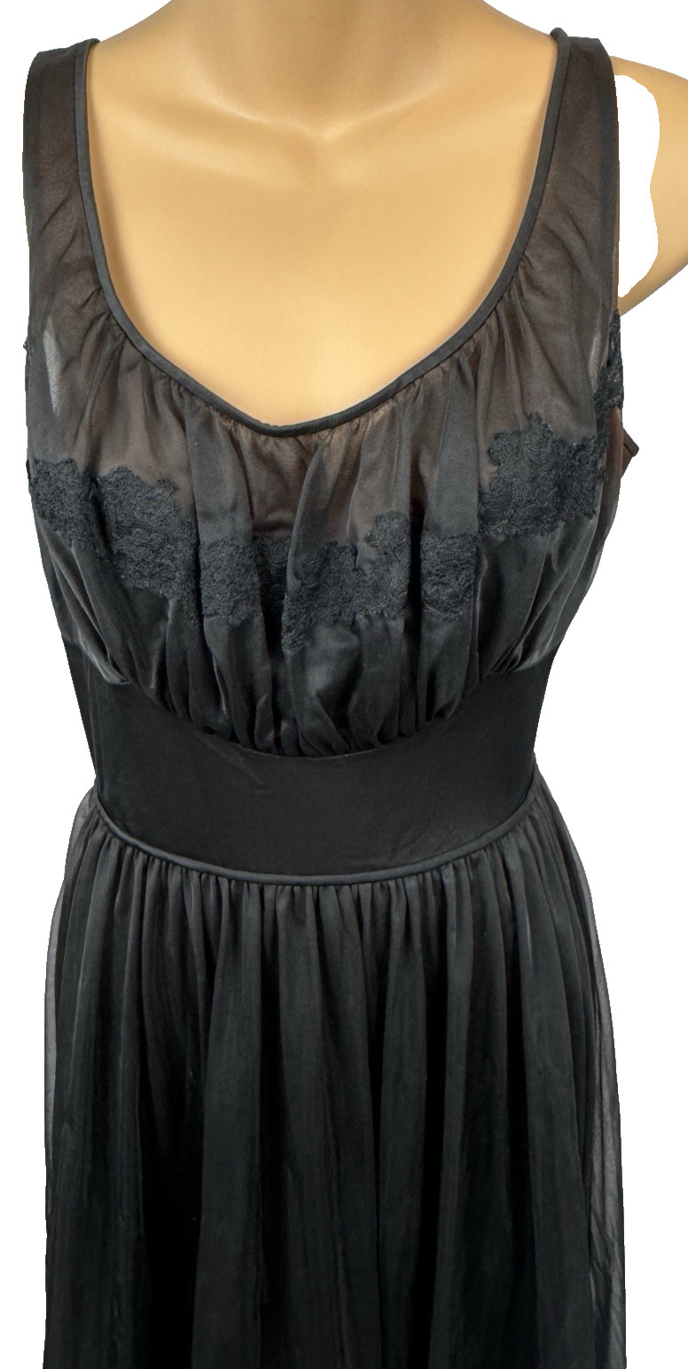 Vintage Shadowline Nylon Nightgown Black Size 34 Lace Empire Waist Tie Back