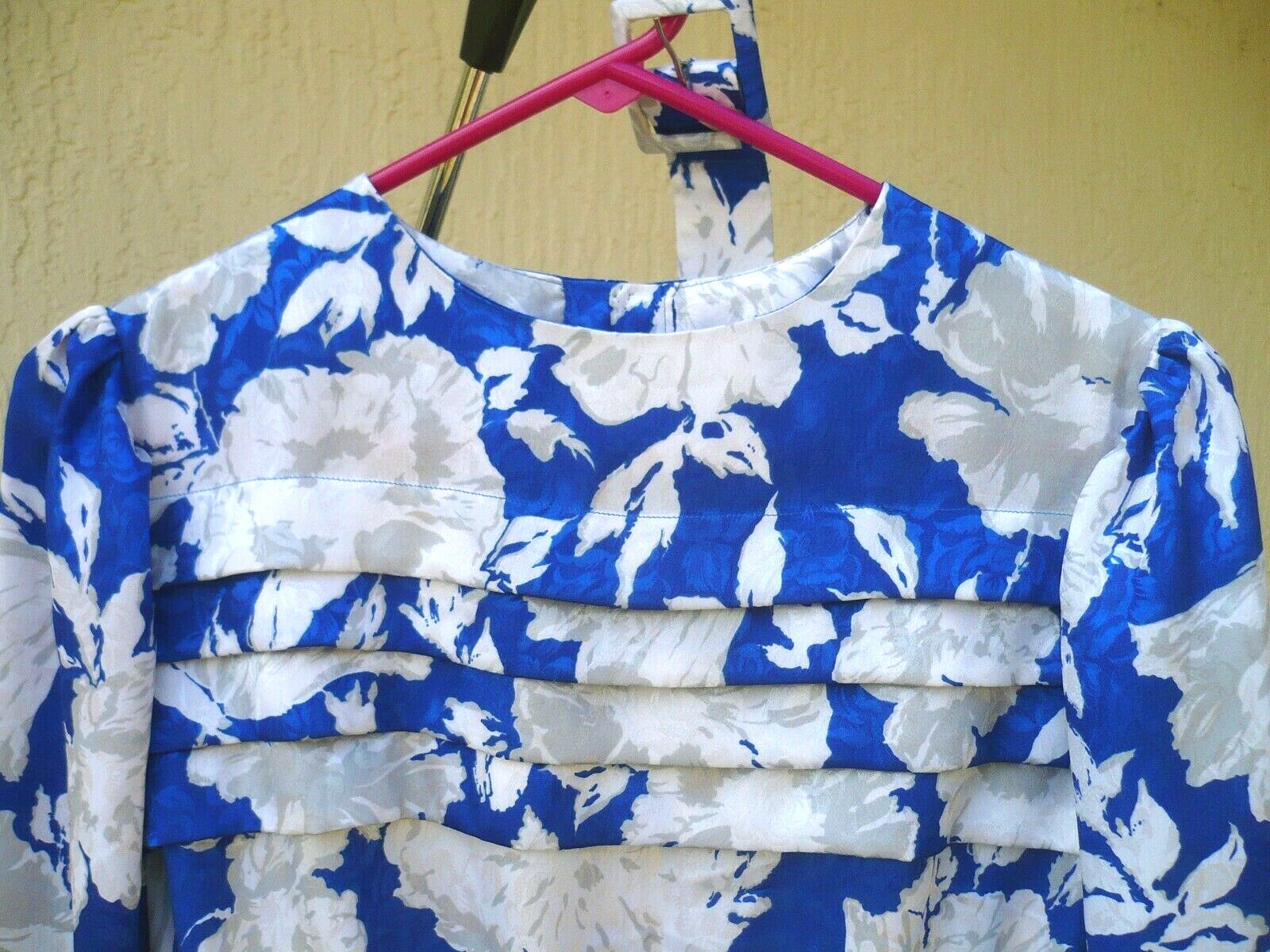 VTG 80S SECRETARY SATIN S M BELTED ROYAL BLUE WHITE FLORAL PLEAT TOP DRESS WOMEN