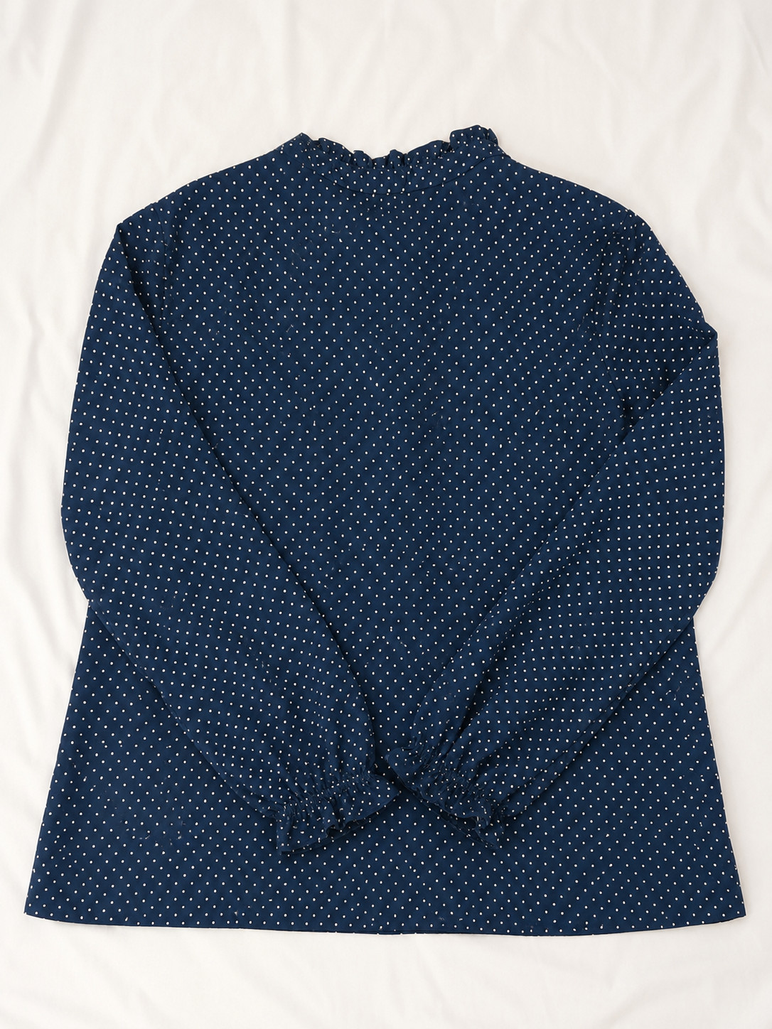 Vintage 1970s Sears Navy Blue Polka Dot Ruffle Collar Button Front Blouse Sz M