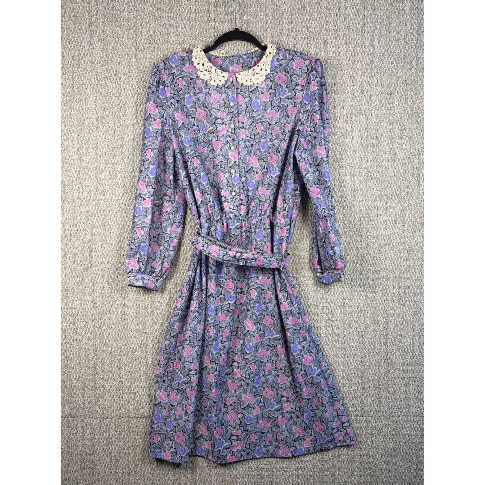 Vintage Sue Sherry 70s Union Made Belted Shoulder Pad Floral Lace Dress 16