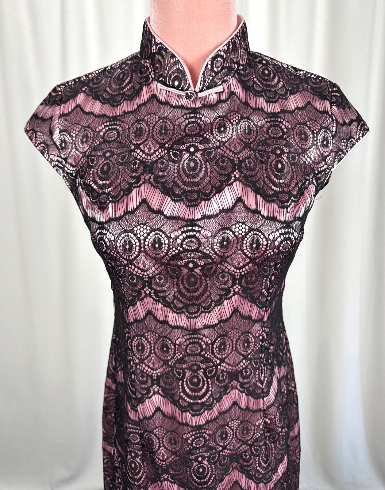 Vintage Lace Mandarin Collar Dress XS Pink Black Cocktail Party Beijing Purchase