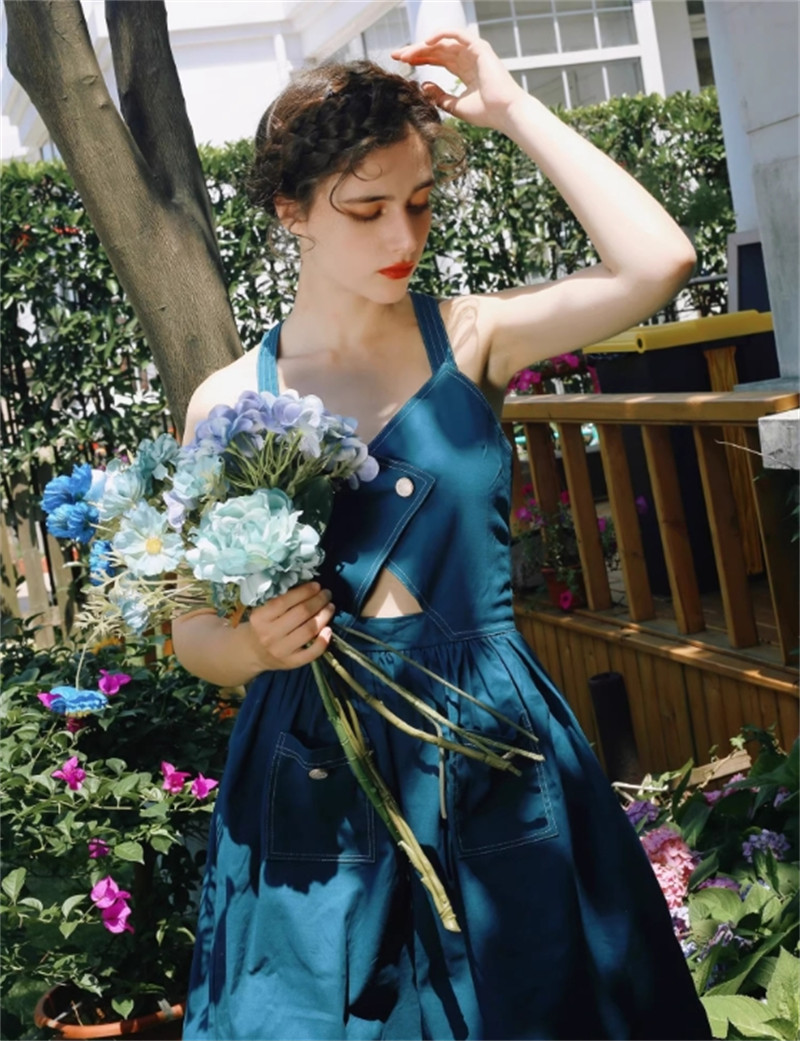 Movie Lolita V-neck Dress Blue Suspender Dress Cute Girl Summer Daily Outfits