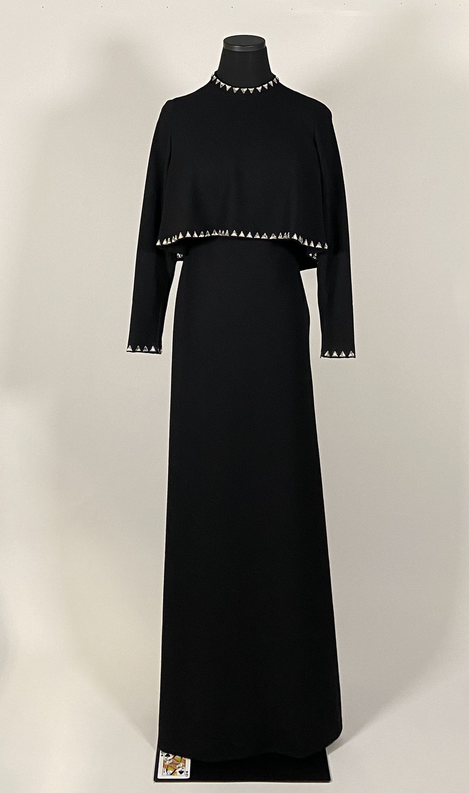 1970s Pauline Trigere sleek gown, cape, triangle rhinestones size XS Must see!