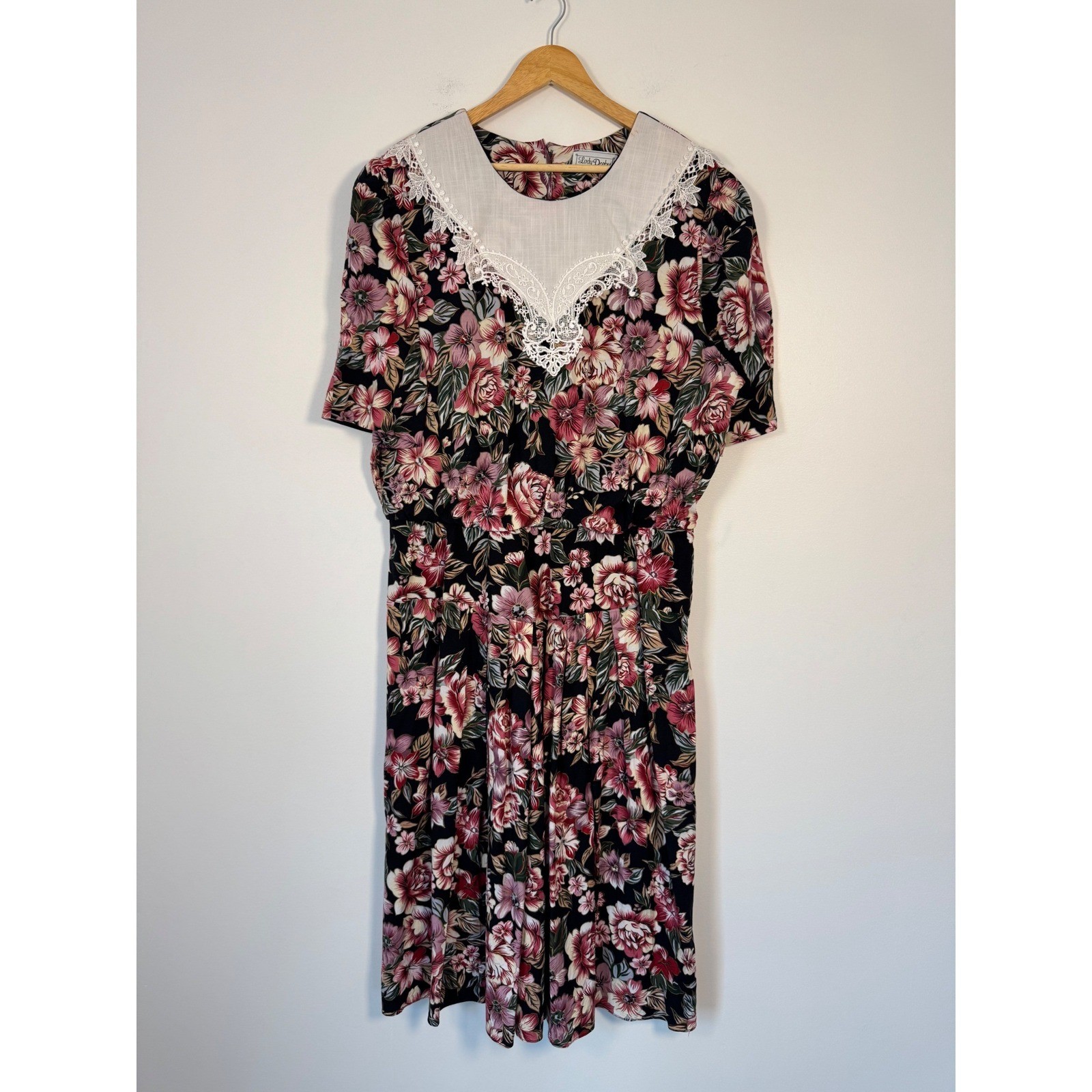 Cottagecore Lady Dorby Womens L Vintage Floral Midi Dress Black Pink Lace Collar