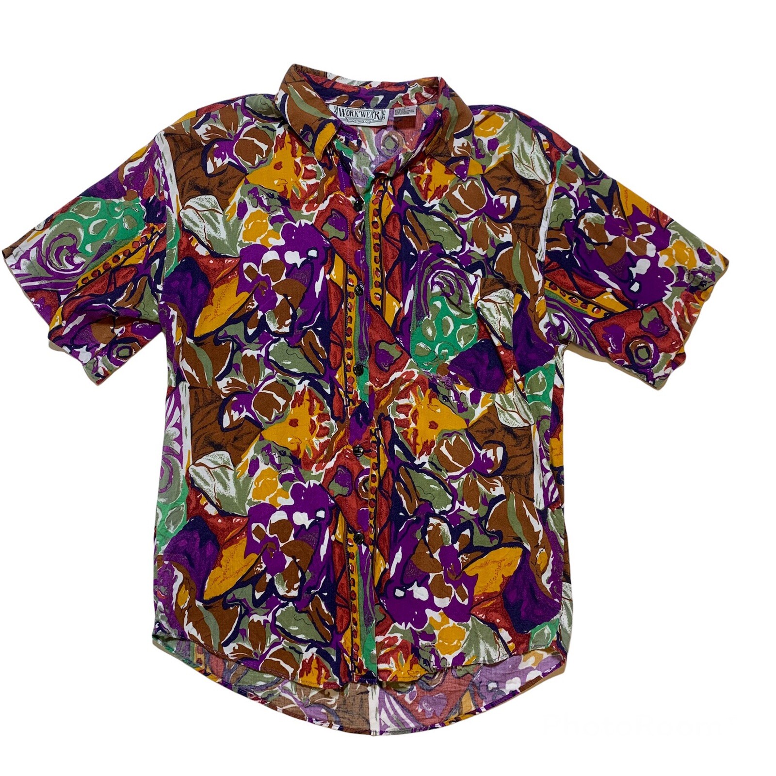 Vintage 90s Work Wear Clothing Co Abstract Art Print Rayon Shirt Blouse Small