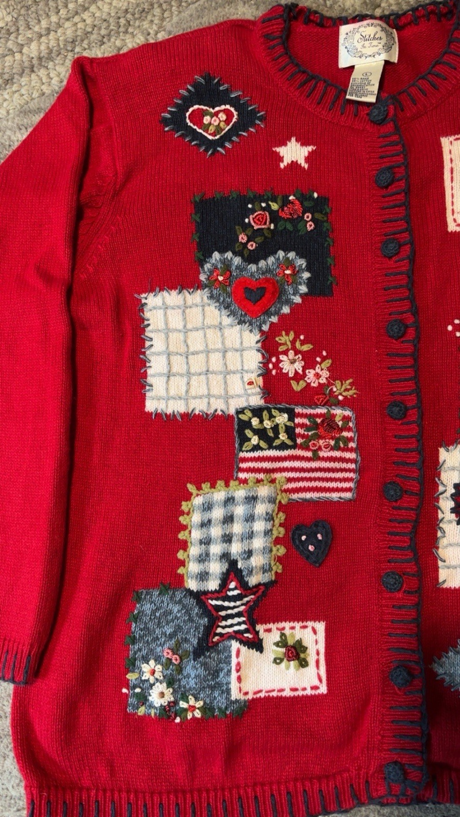 Vintage Americana Grannycore Heart and Star Cardigan size Large Patriotic