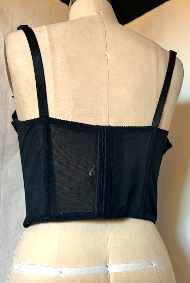 LACE FRONT CORSET BUSTIER „ENCHANTED” SHEER BLACK NYLON w EMBROIDERED CUPS 42DD