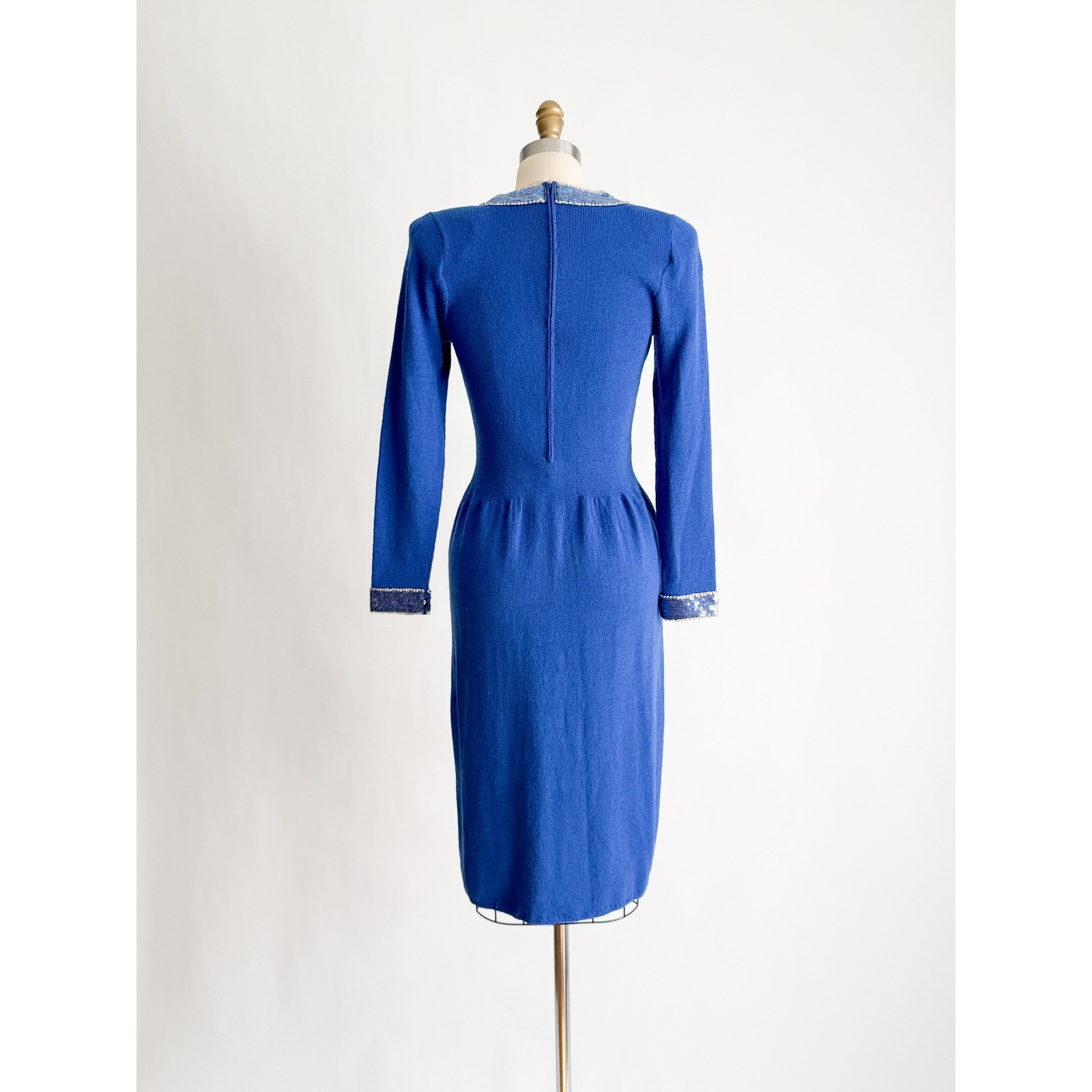Don Sayres Wellmore Vintage Knit Dress Sequin Bow Blue Wool Blend Midi Blue S-M