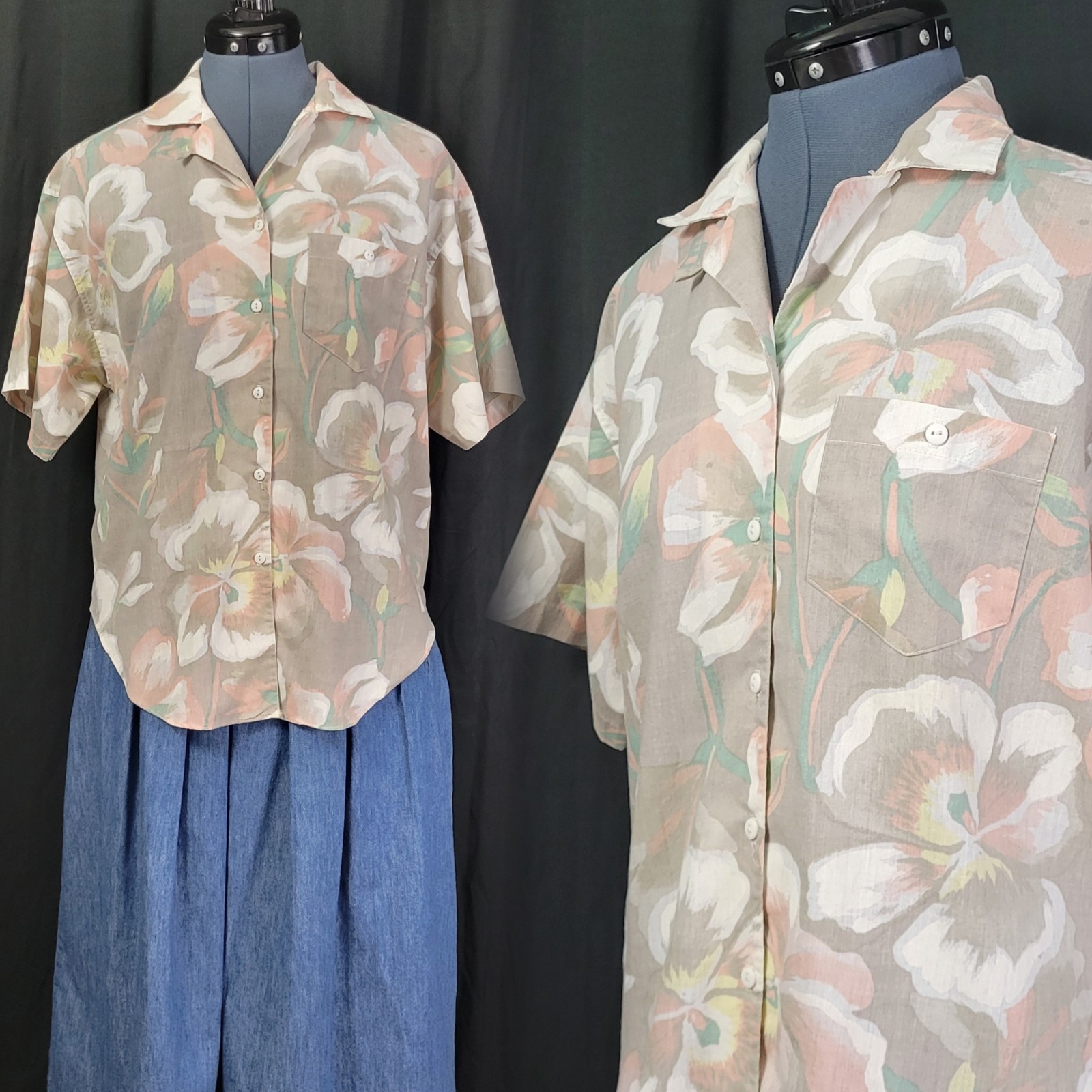 Vtg Laura Mae Beige Button Down Top w White/Pink/Yellow Tropical Flowers Size M?