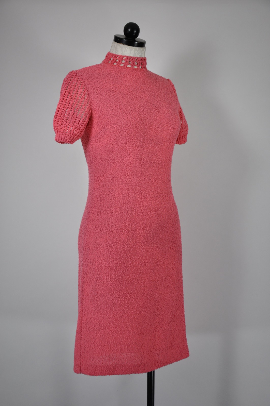 60s Vintage Salmon Pink Cotton Boucle Knit Short Sleeve Sweater Dress Women XS S