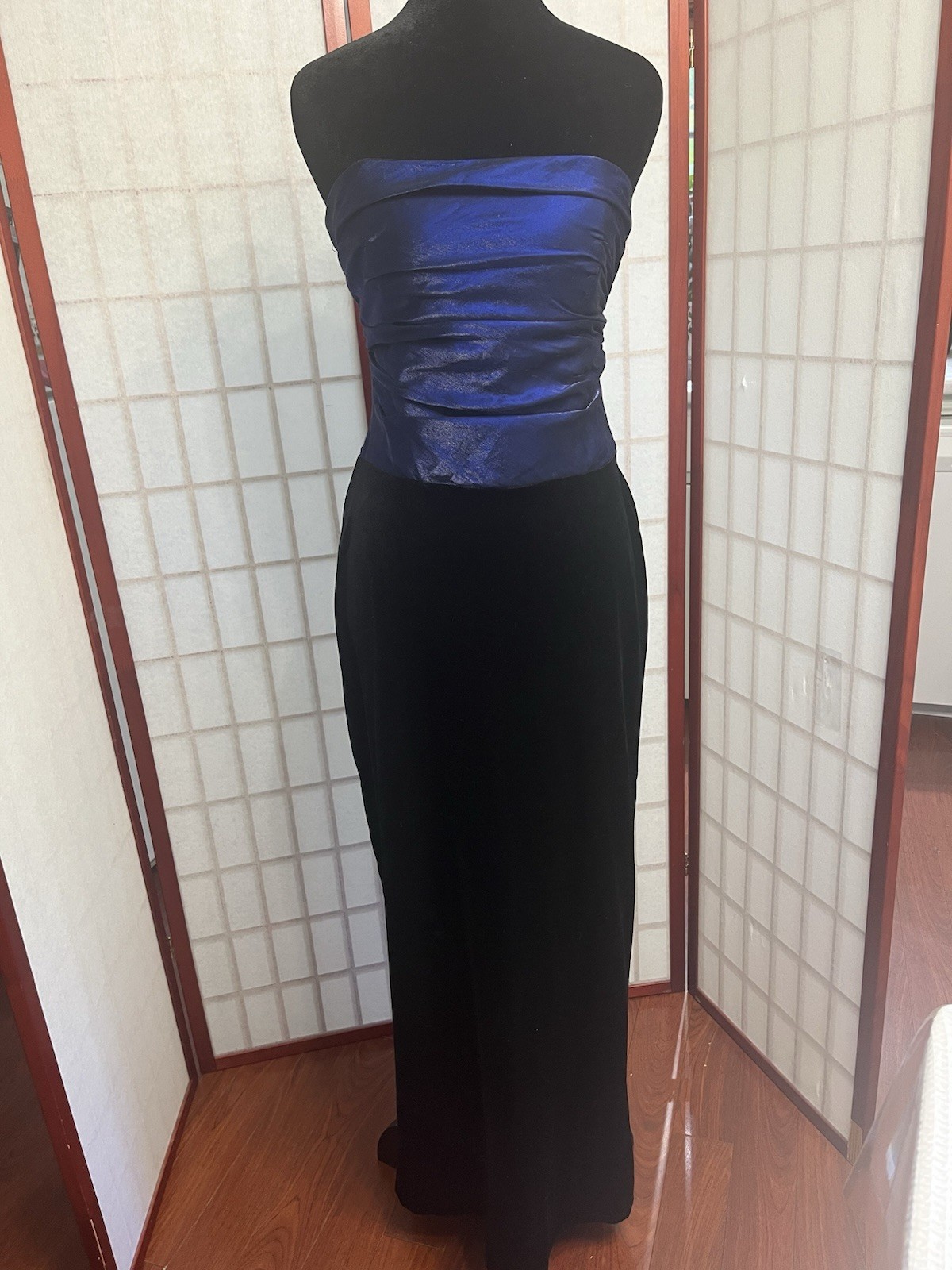 Vintage 90s glam Goth electric blue dropwaist velvet full length dress.