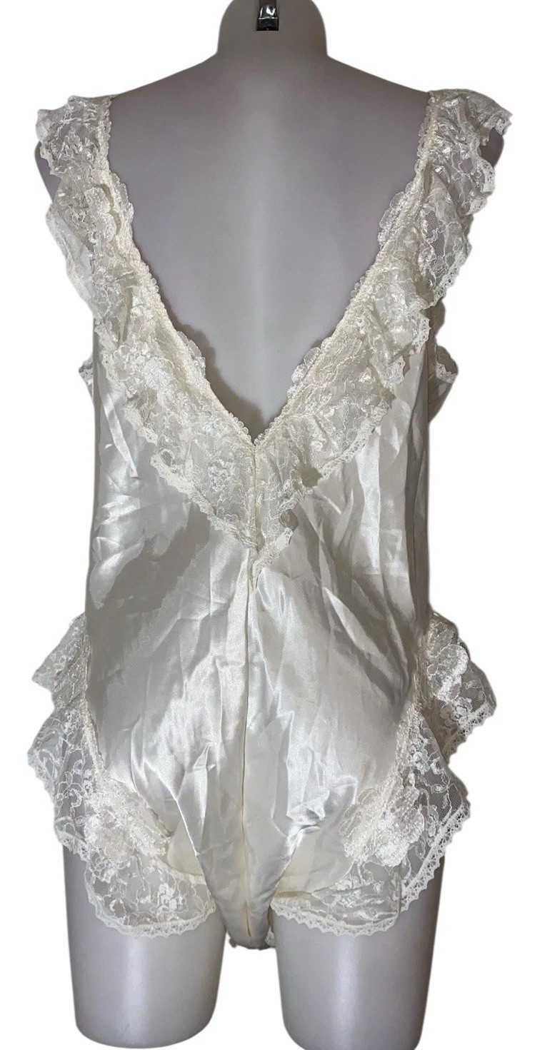VTG Samye Newman Sz L Victorian Ivory Ruffled Teddy Satin Sheer Kawaii Lingerie