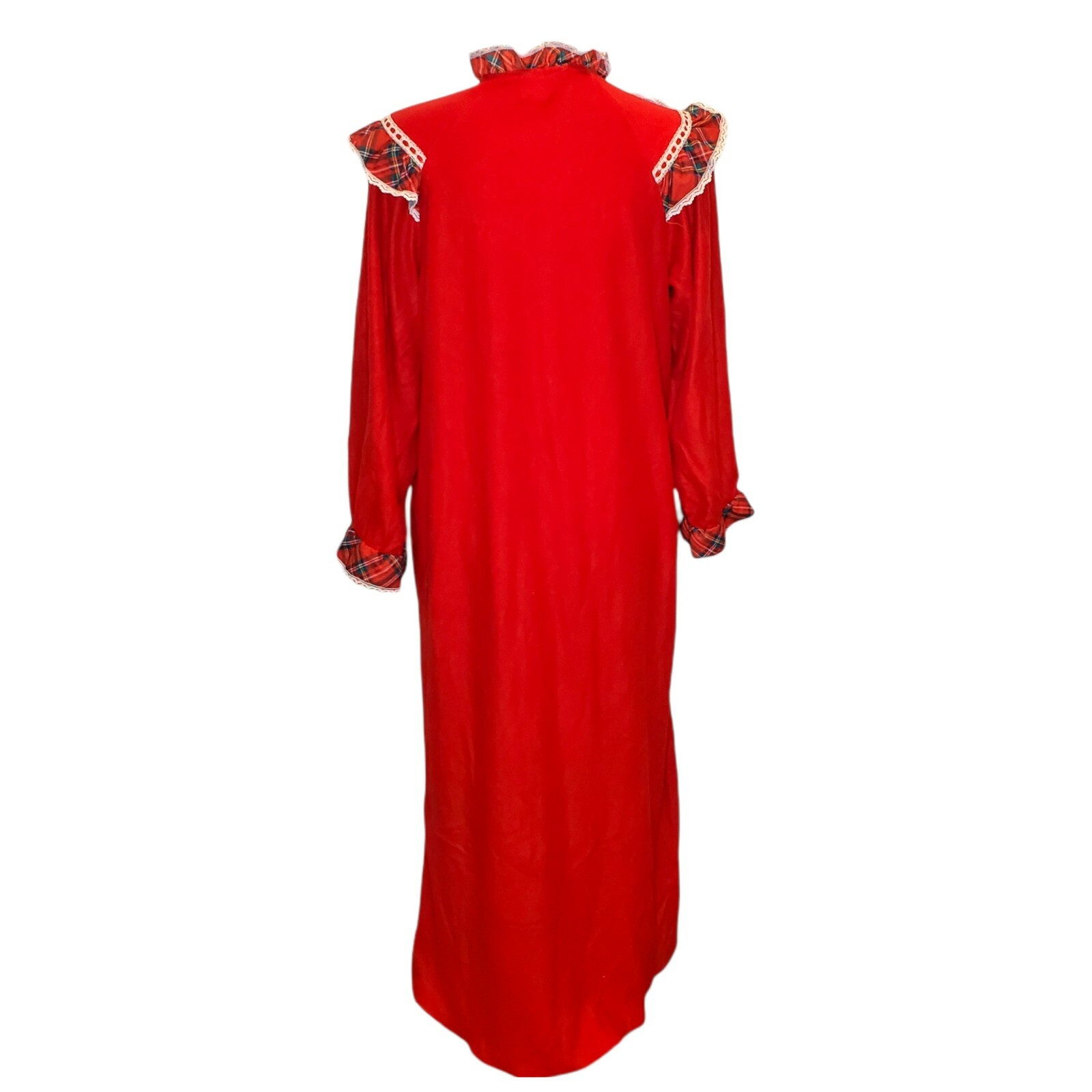 Vintage Christmas Velour Red Housecoat Robe Zip Front Long Plaid Ruffles Small