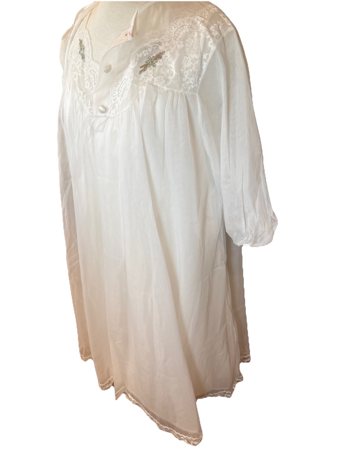 Vtg Shadowline Peignoir Ivory Lace Embroidered Nightie Robe Set med Coquette