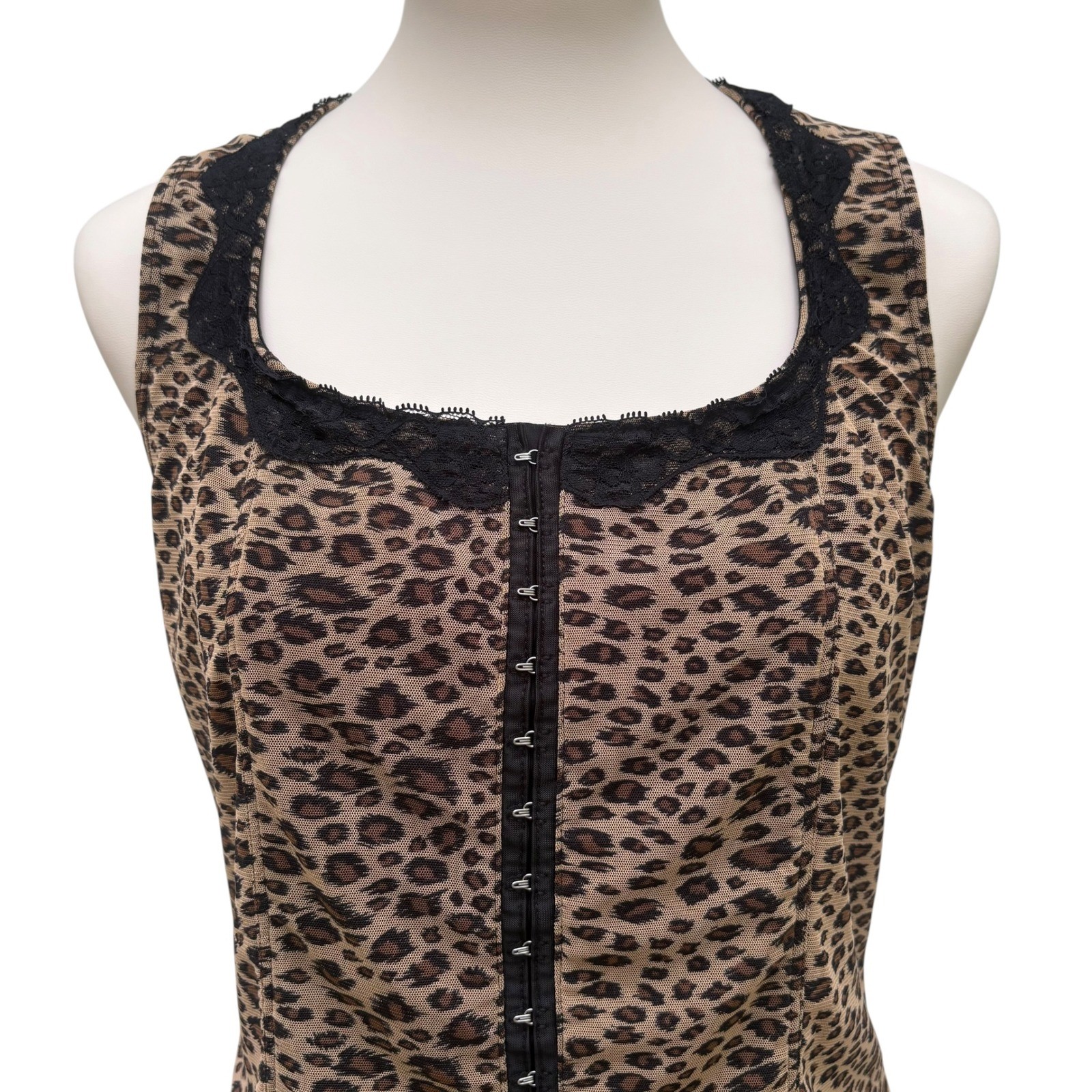 VTG Venezia Leopard Corset Top 14/16 Brown Lace Hook Eye Y2K Indie Sleaze Grunge
