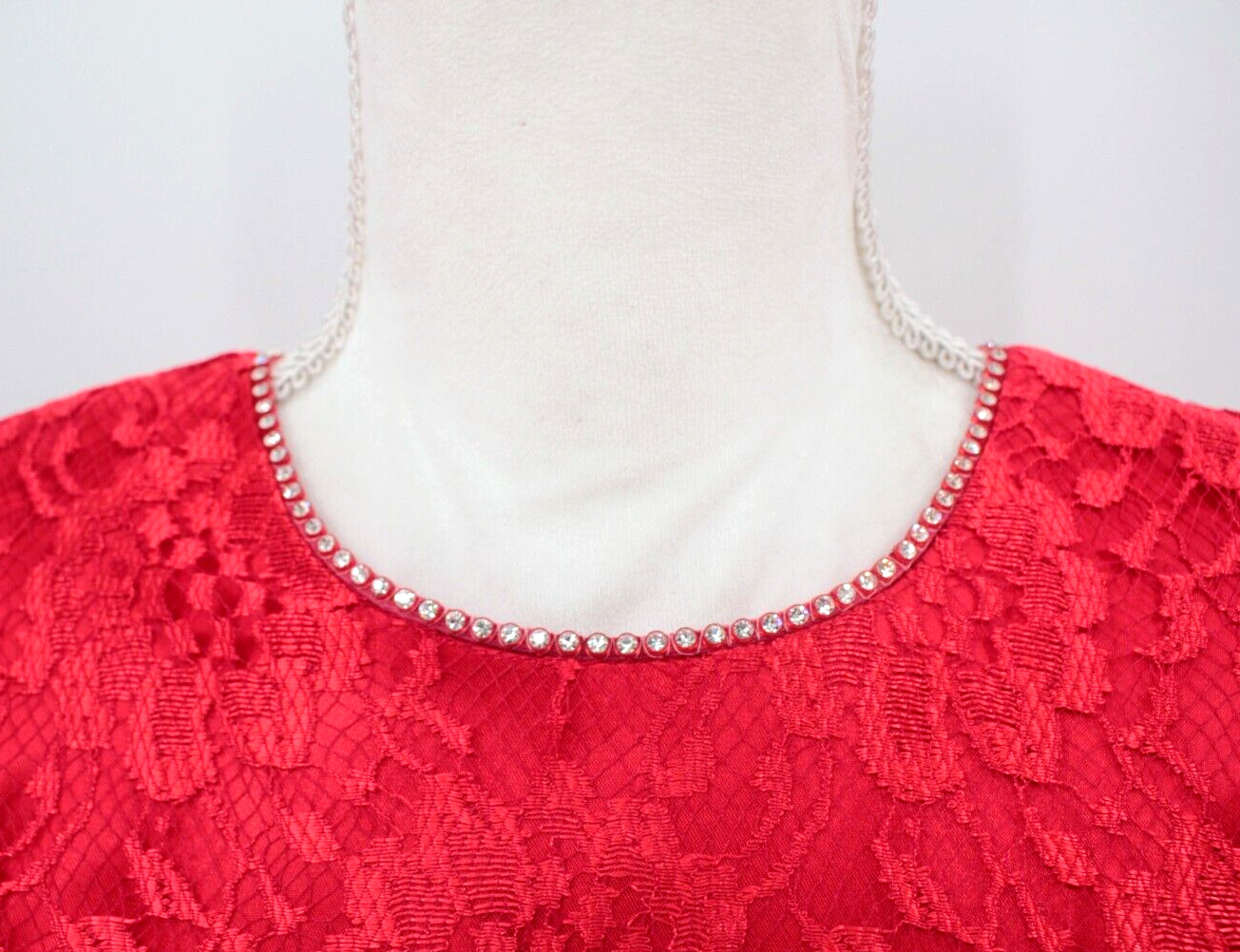 Vtg Womens 80s Red Lace Cocktail Dress W/ Rhinestone Trim 1980s XS/S Vijack Prom